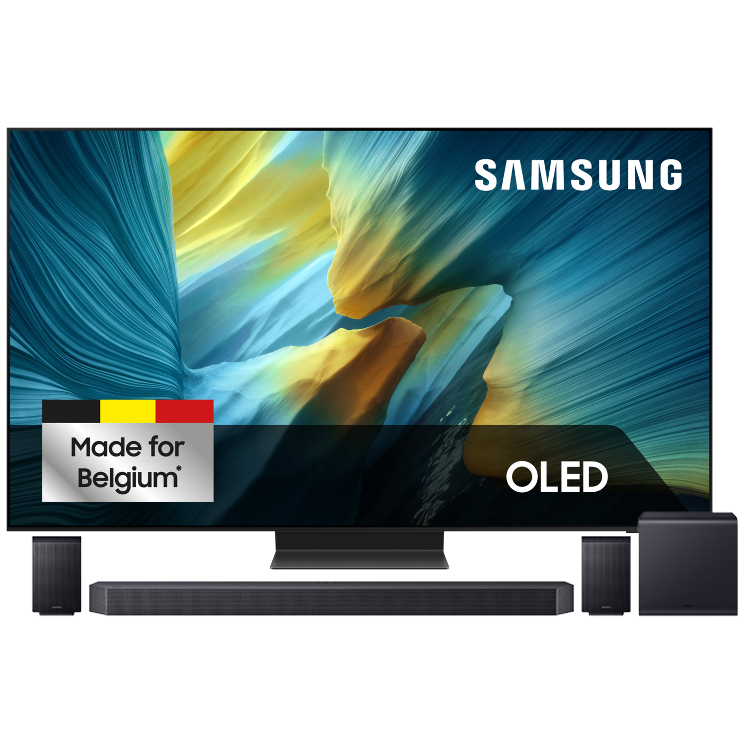 TV Samsung OLED avec barre de son et enceintes. Logo "Made for Belgium" visible.