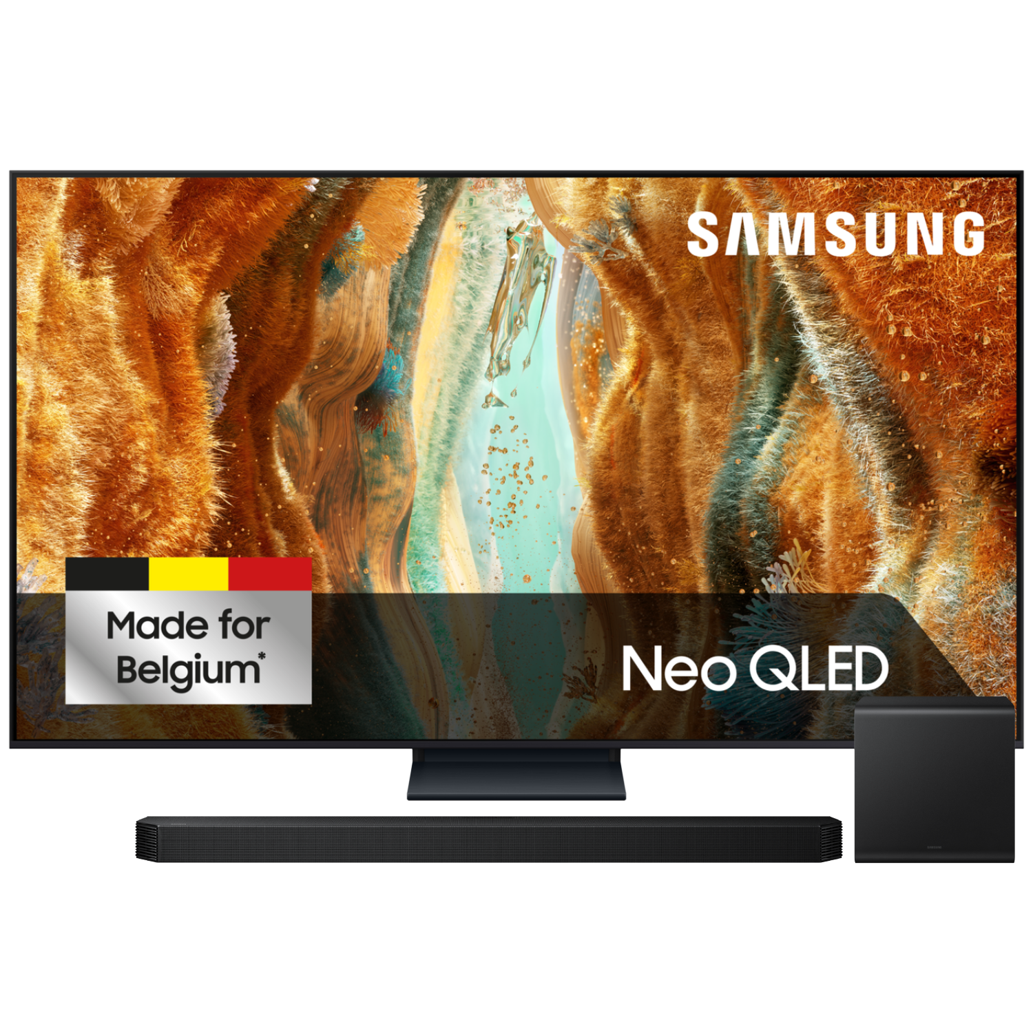 TV Samsung Neo QLED avec barre de son et caisson de basses. Made for Belgium.