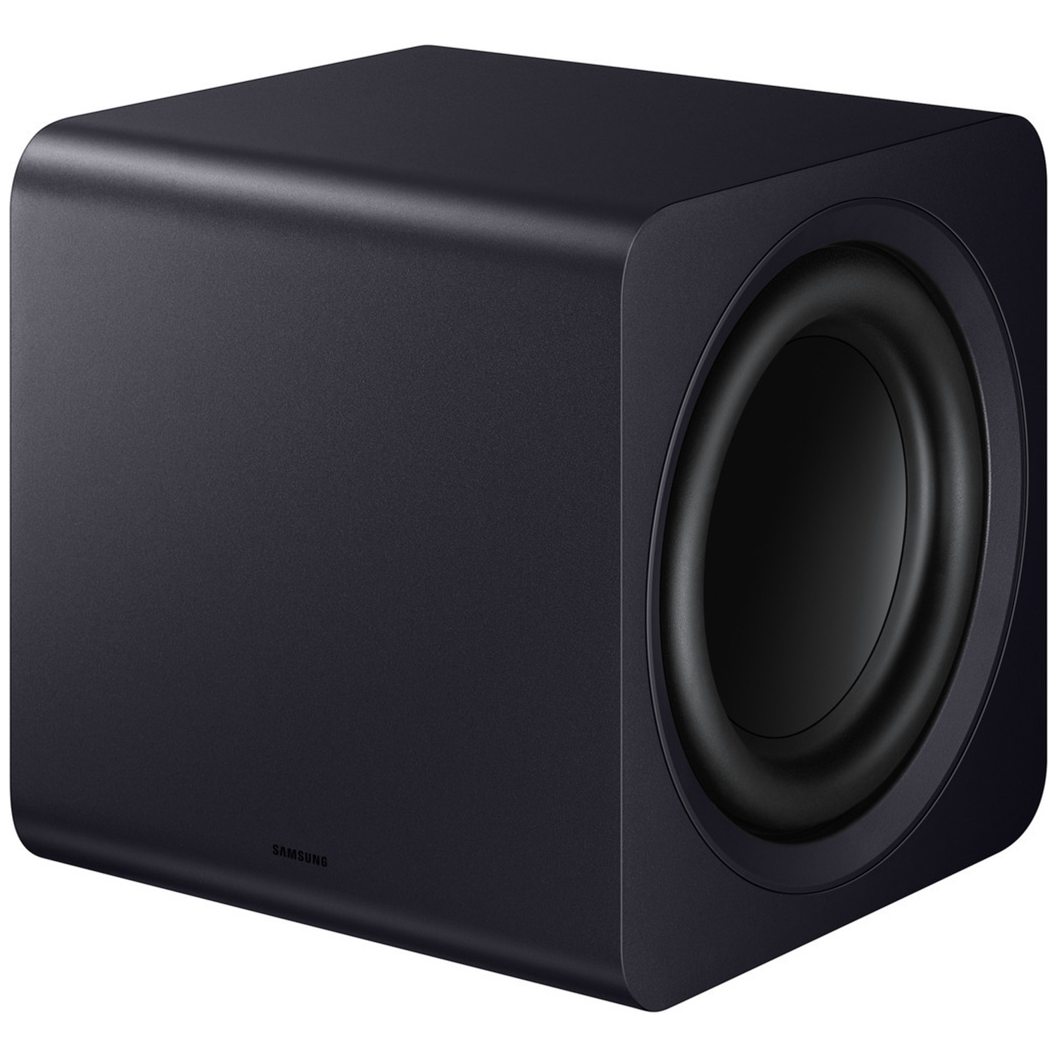 Caisson de basse Samsung noir avec ouverture ronde et haut-parleur noir.