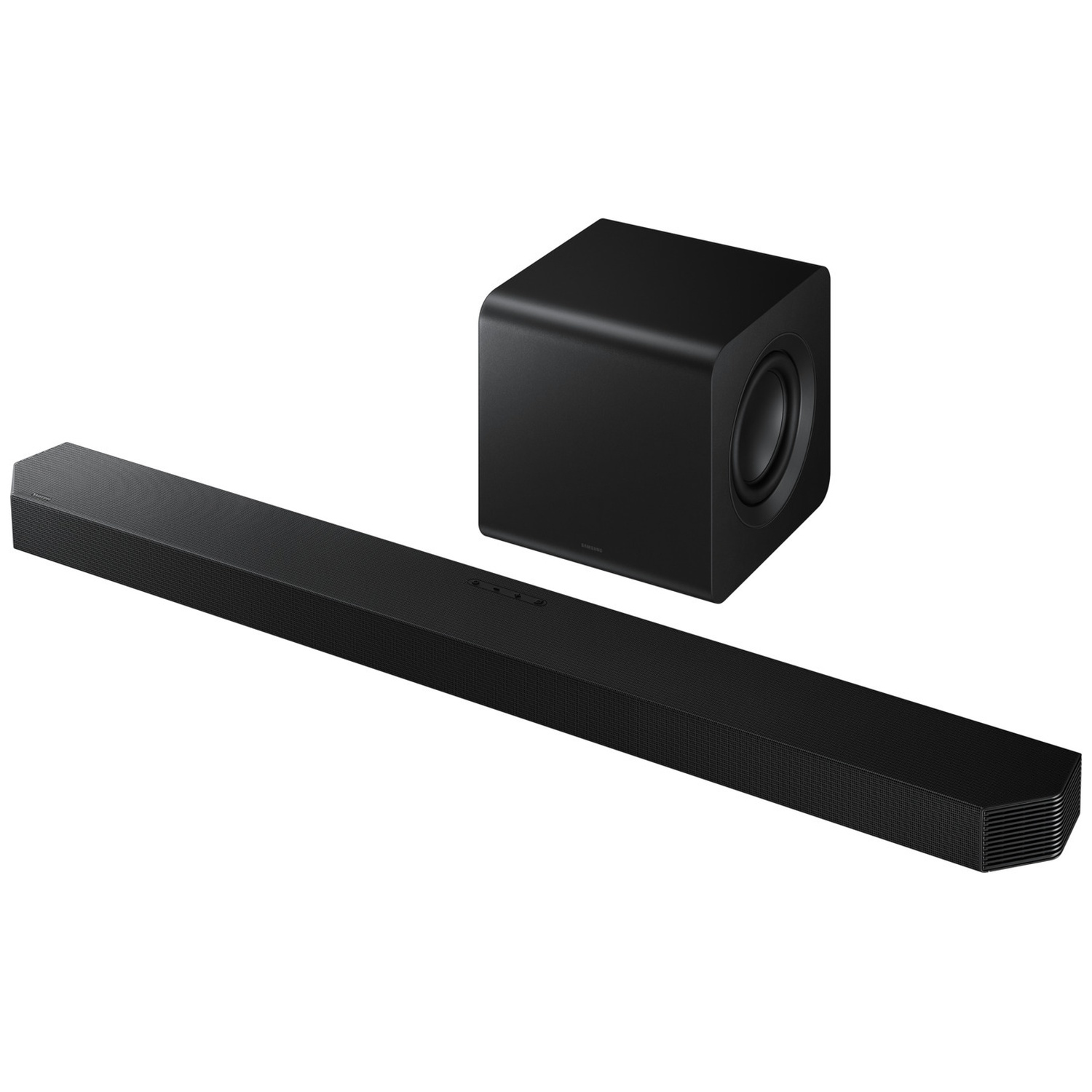 Barre de son et caisson de basses noirs sur fond blanc.