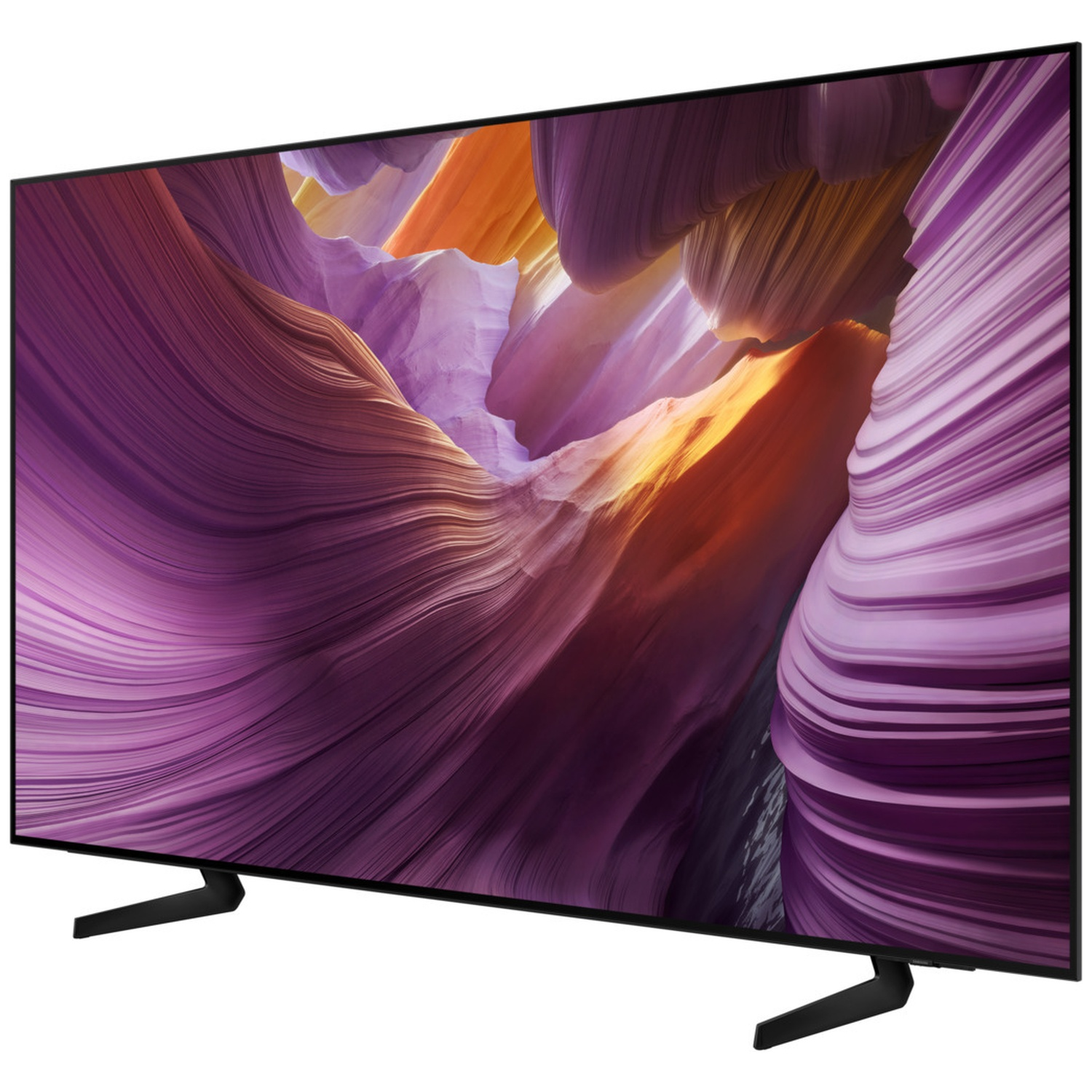 Une télévision moderne à écran plat affiche un économiseur d'écran coloré de motifs ondulés et superposés en violet, orange et blanc.