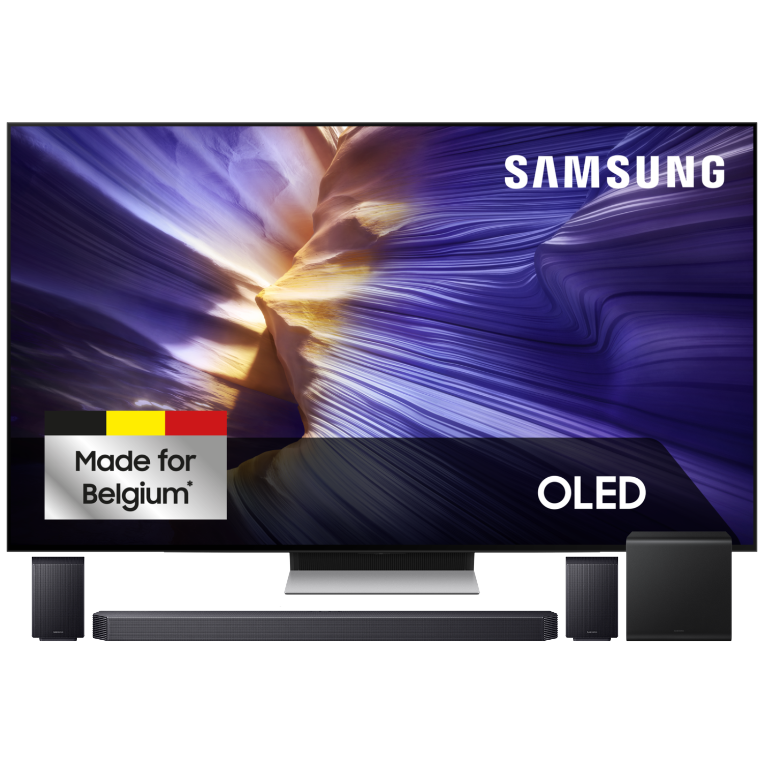 TV Samsung OLED avec barre de son, caisson de basse, haut-parleurs et logo "Made for Belgium".