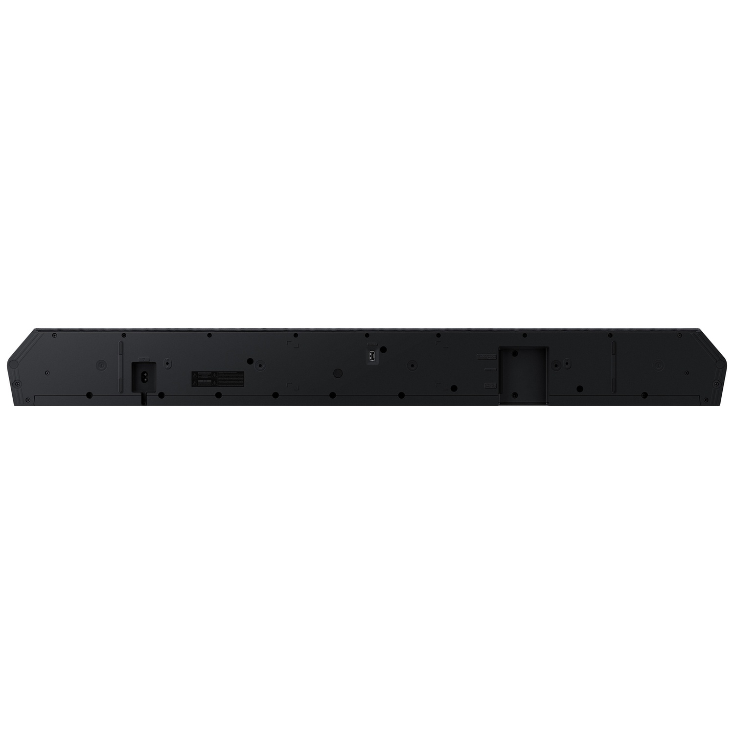 Vue arrière d'une barre de son noire avec ports HDMI et d'alimentation.