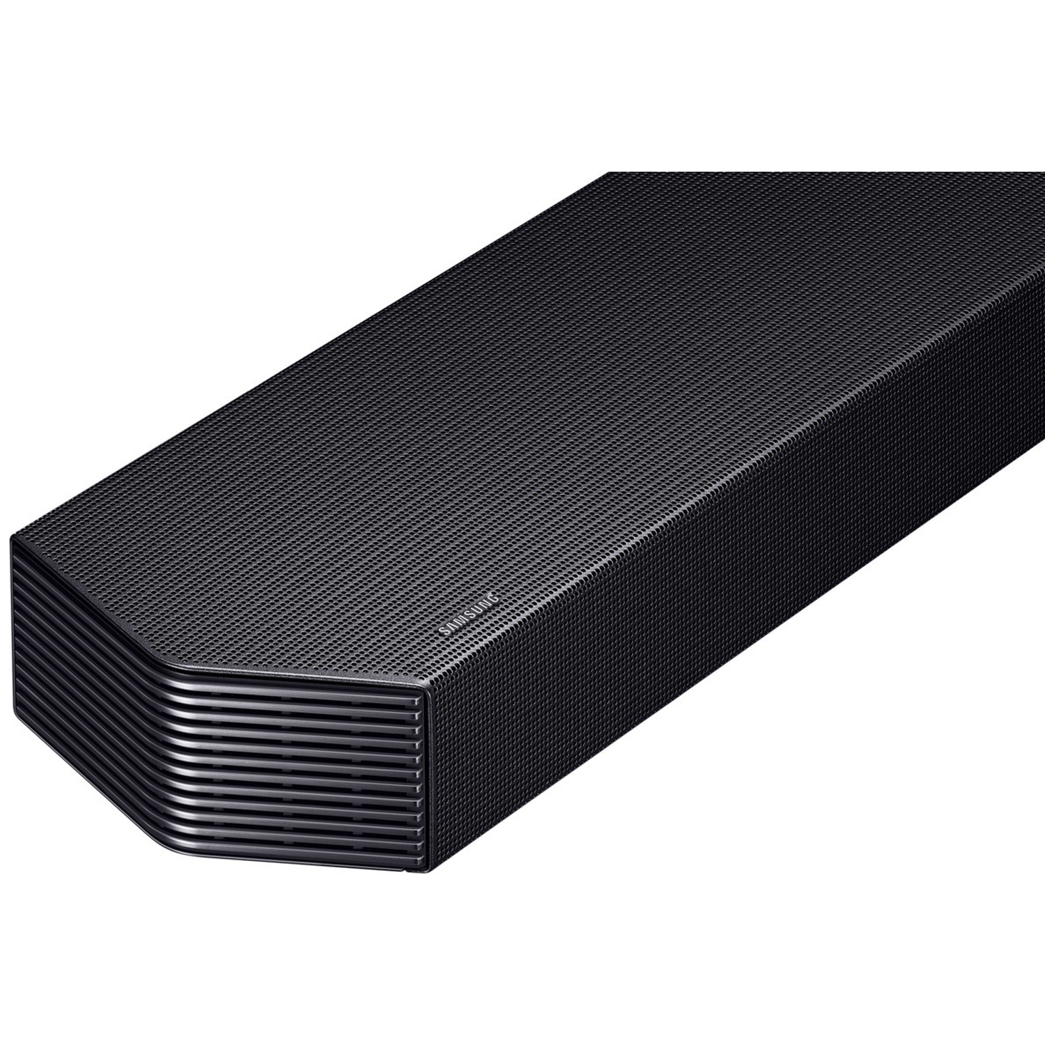 Barre de son Samsung noire sur fond blanc.