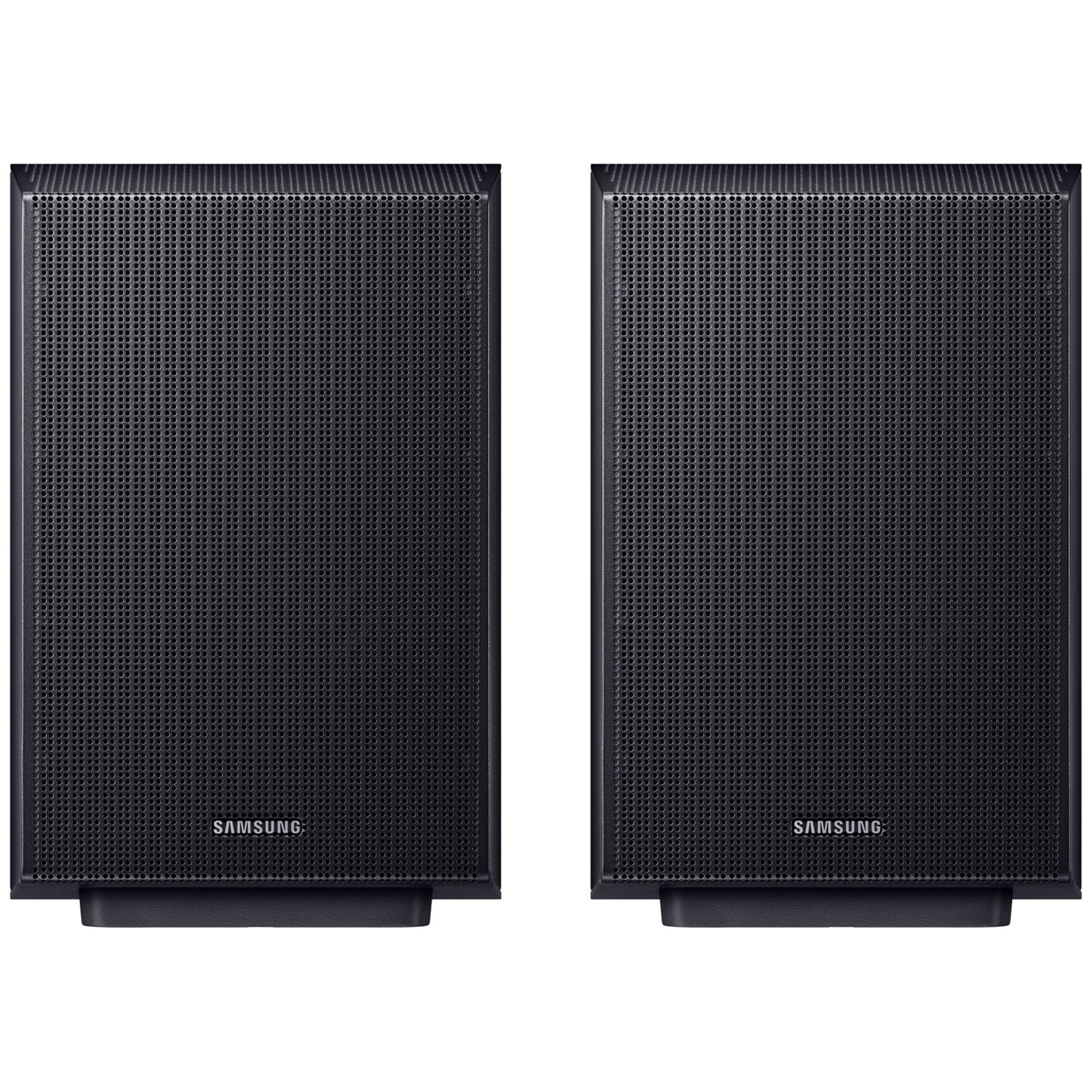 Deux enceintes Samsung noires à façade perforée.
