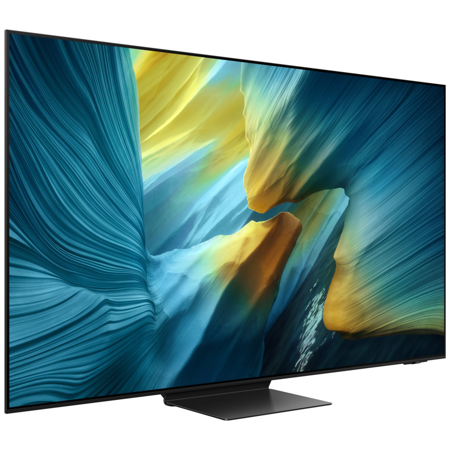 Une télévision moderne à écran plat noir affiche une image abstraite vibrante de lignes bleues et jaunes fluides.