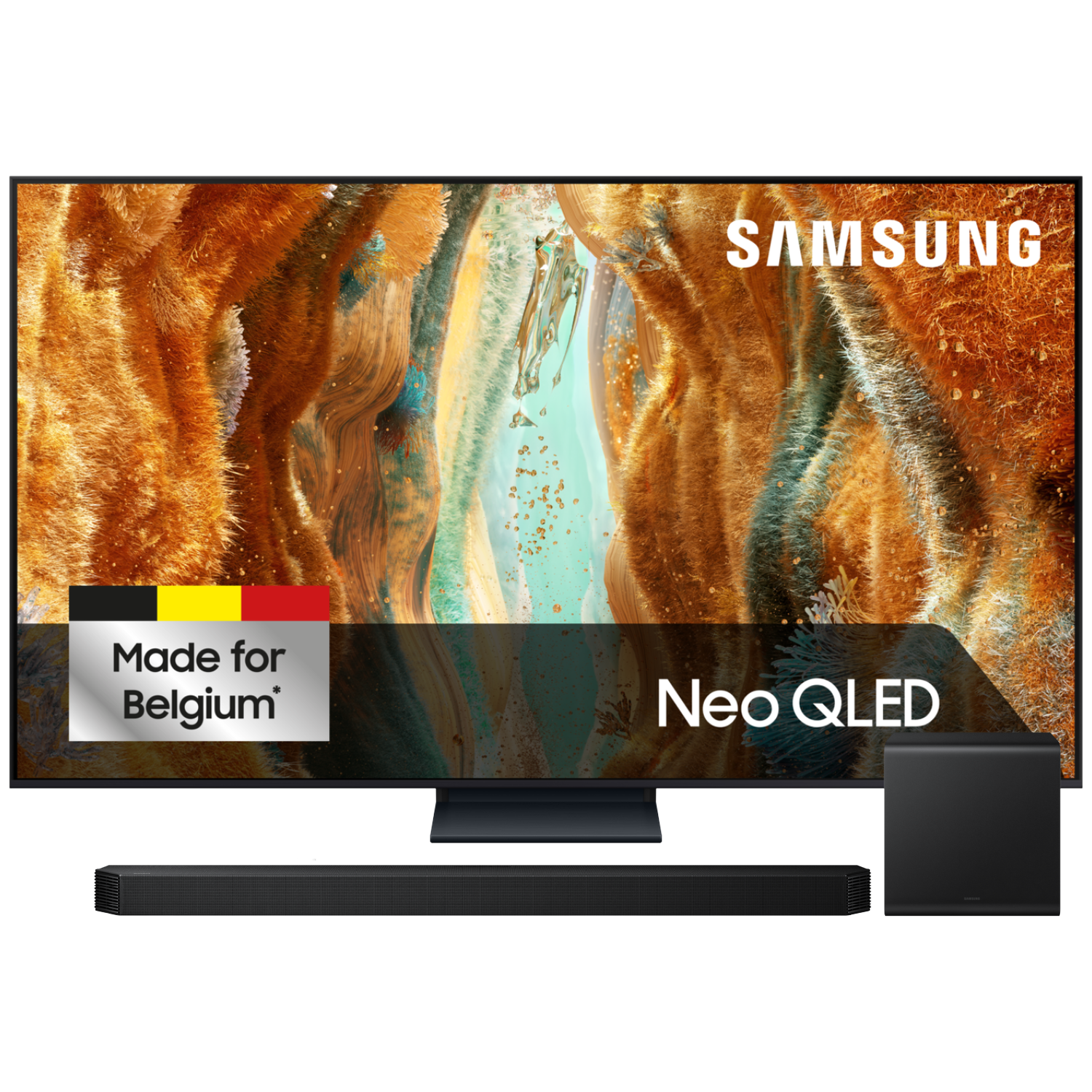 Un téléviseur Samsung Neo QLED avec barre de son et caisson de basses sur fond noir.