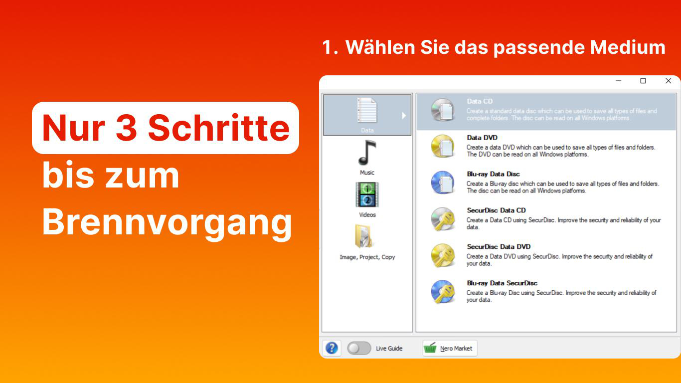 Bildschirmfoto: Nero Brennvorgang mit Optionen wie Data CD, DVD, Blu-ray.