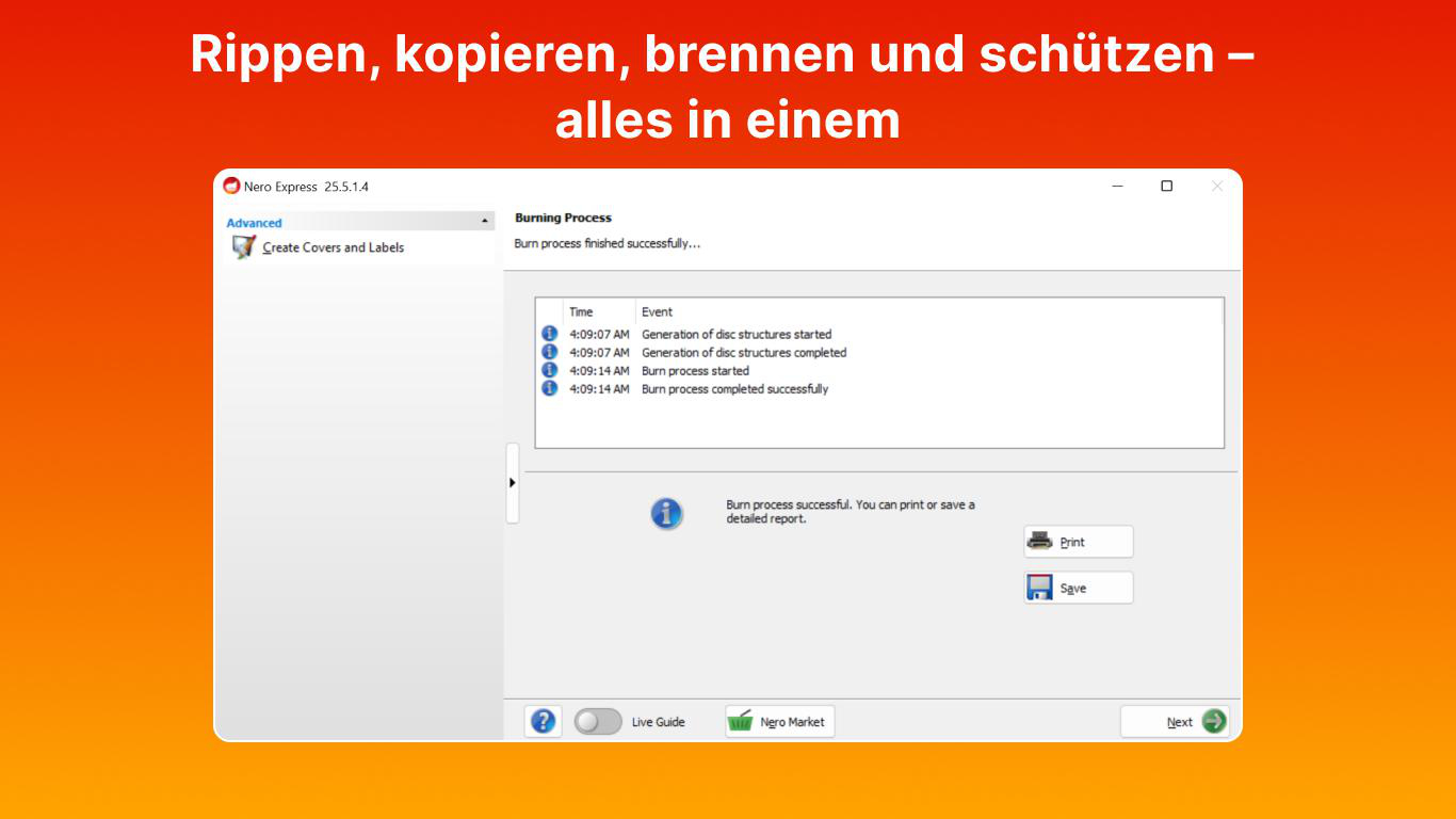 Nero Express Brennvorgang erfolgreich abgeschlossen. Übersicht mit Zeit und Ereignissen.