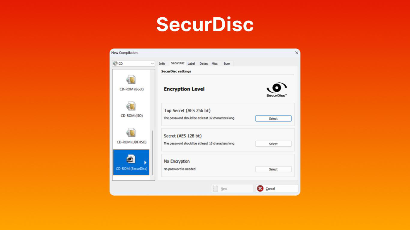 SecurDisc-Fenster zeigt CD-ROM-Optionen und Verschlüsselungsstufen an.
