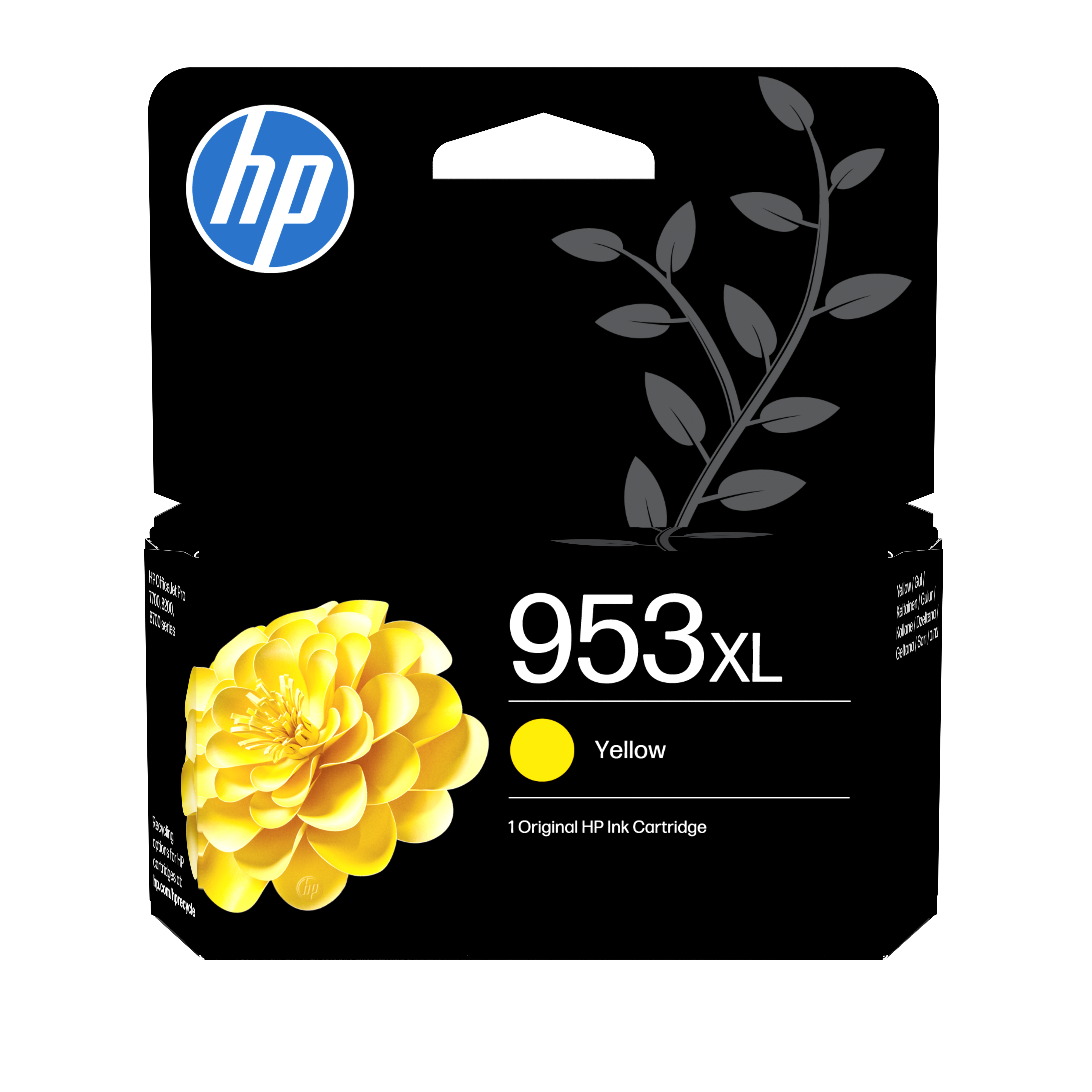 HP 953XL gele inktcartridge met gele bloem en HP-logo.