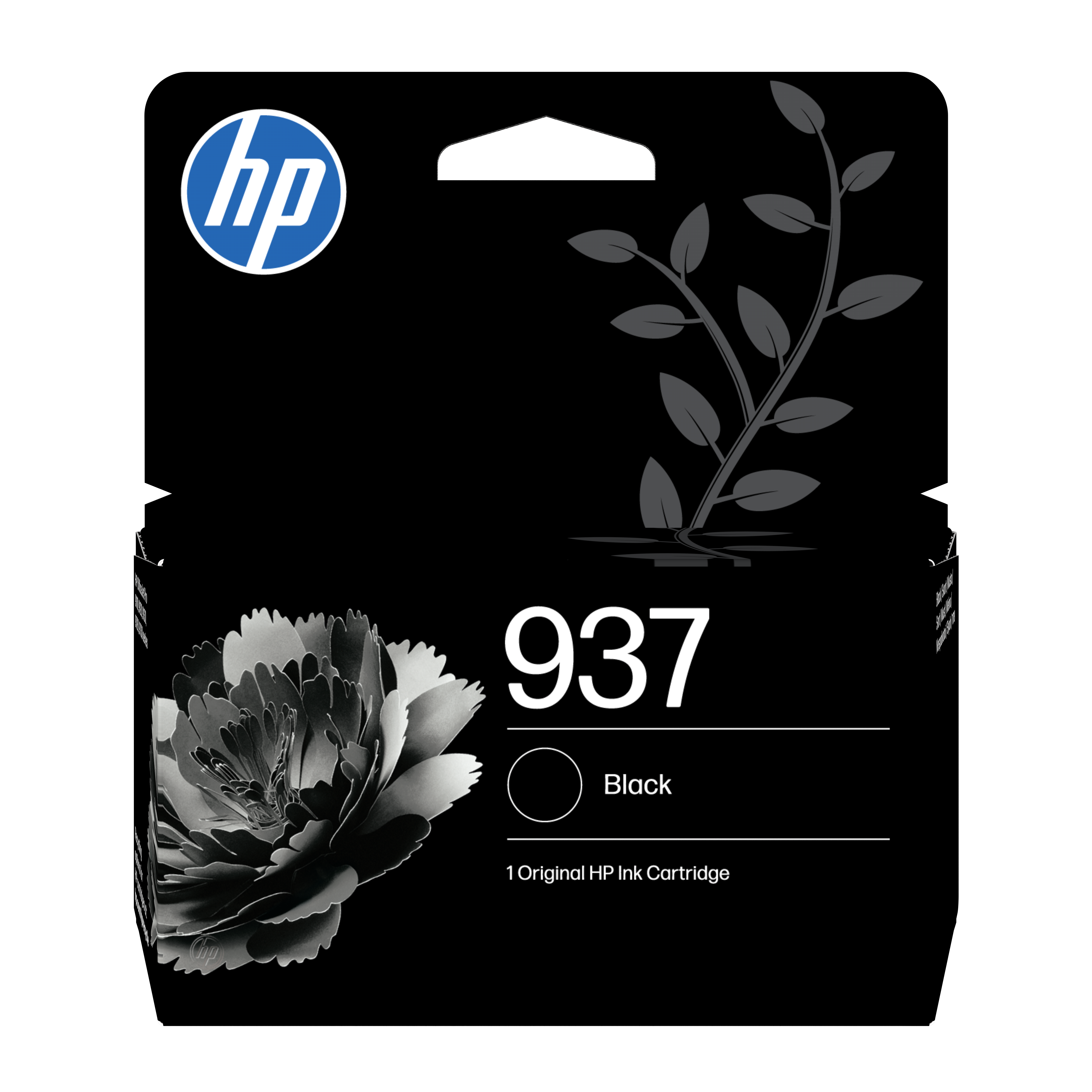 HP 937 schwarze Tintenpatrone mit Blumenmotiv und HP Logo.