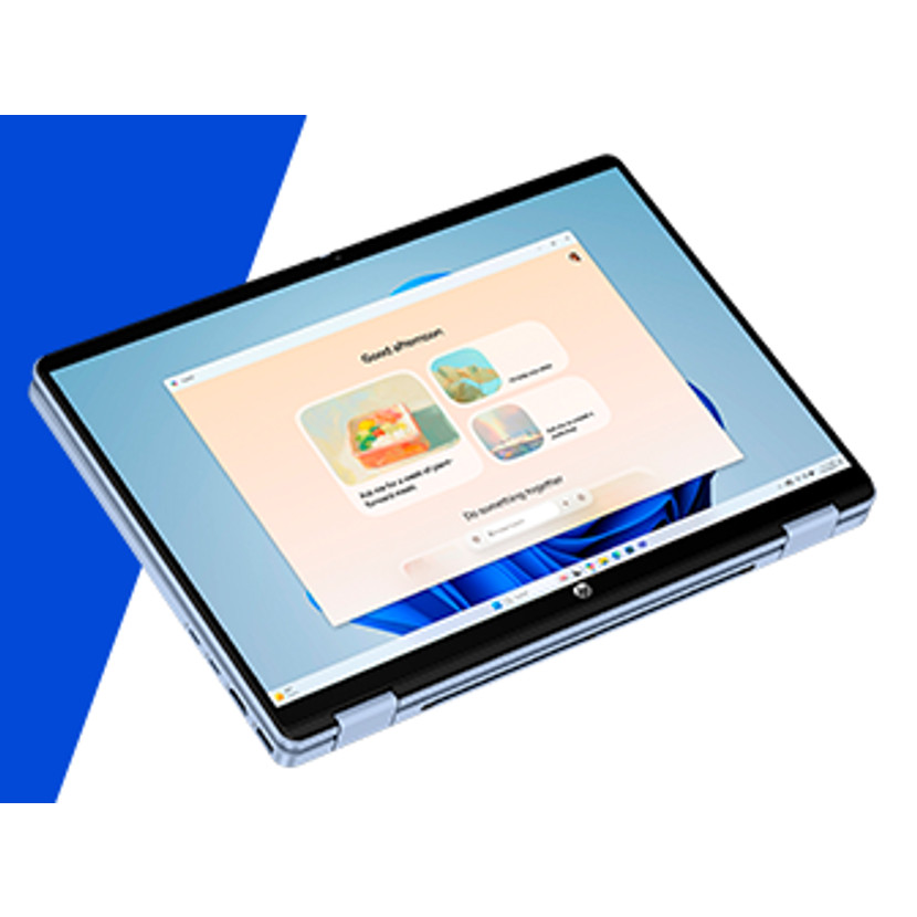 Srebrny laptop jest otwarty, pokazuje interfejs Windows 11 z kolorowymi kartami.