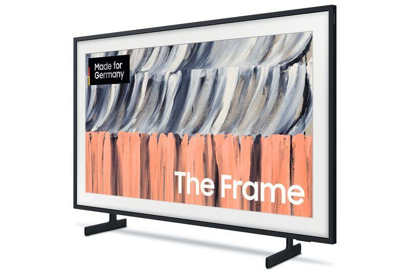 Ein schwarzer Fernseher mit abstraktem Bild und dem Text "The Frame".