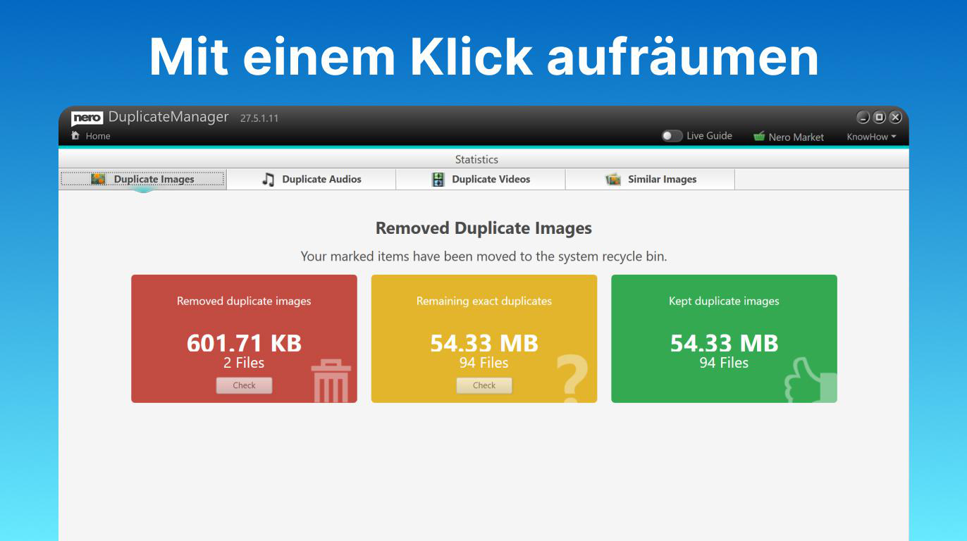 Nero Duplicate Manager zeigt Statistiken zu gelöschten Bildern, Duplikaten und verbleibenden Dateien.
