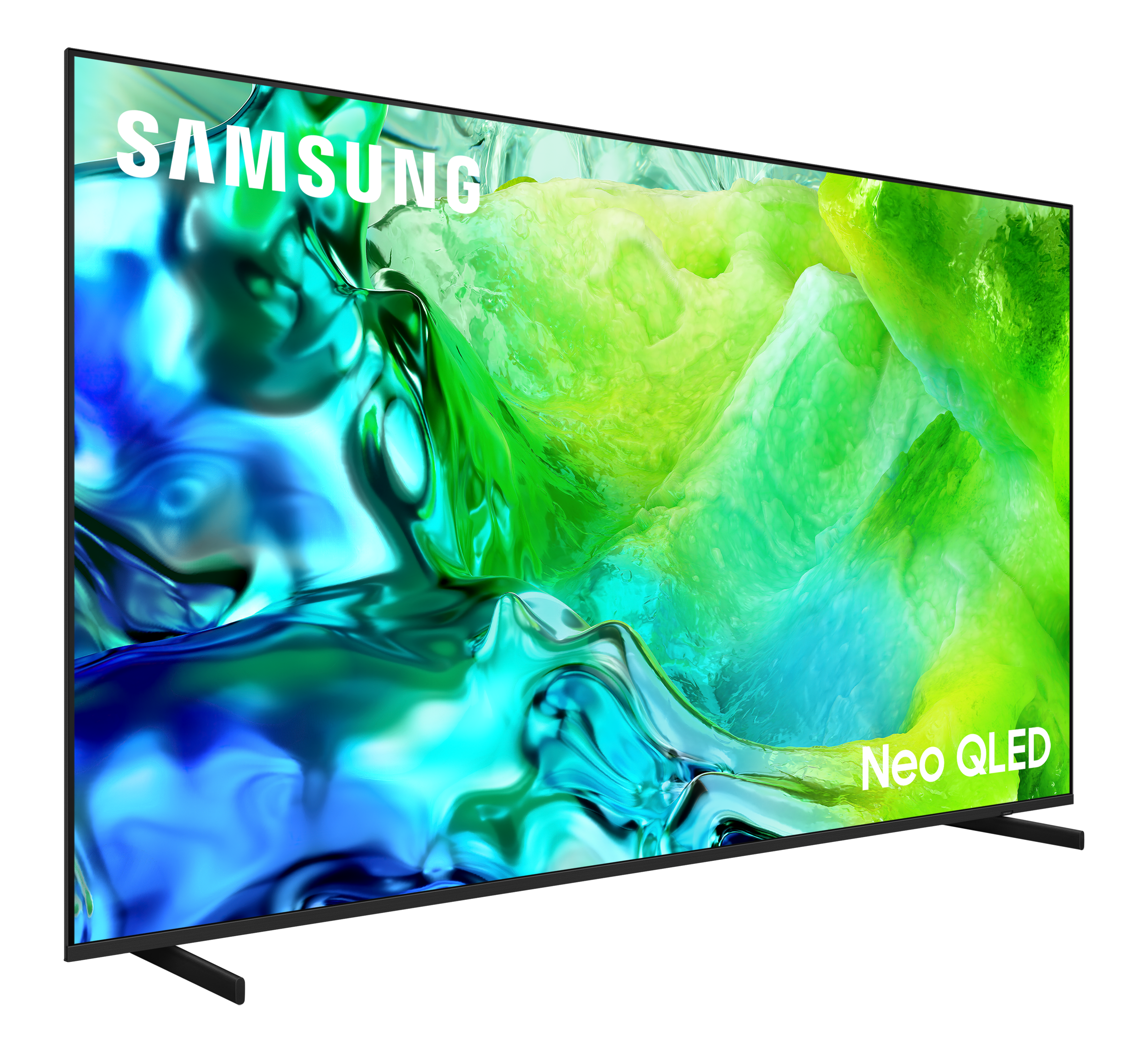 Telewizor Samsung Neo QLED z abstrakcyjnym zielono-niebieskim obrazem, srebrną podstawą.