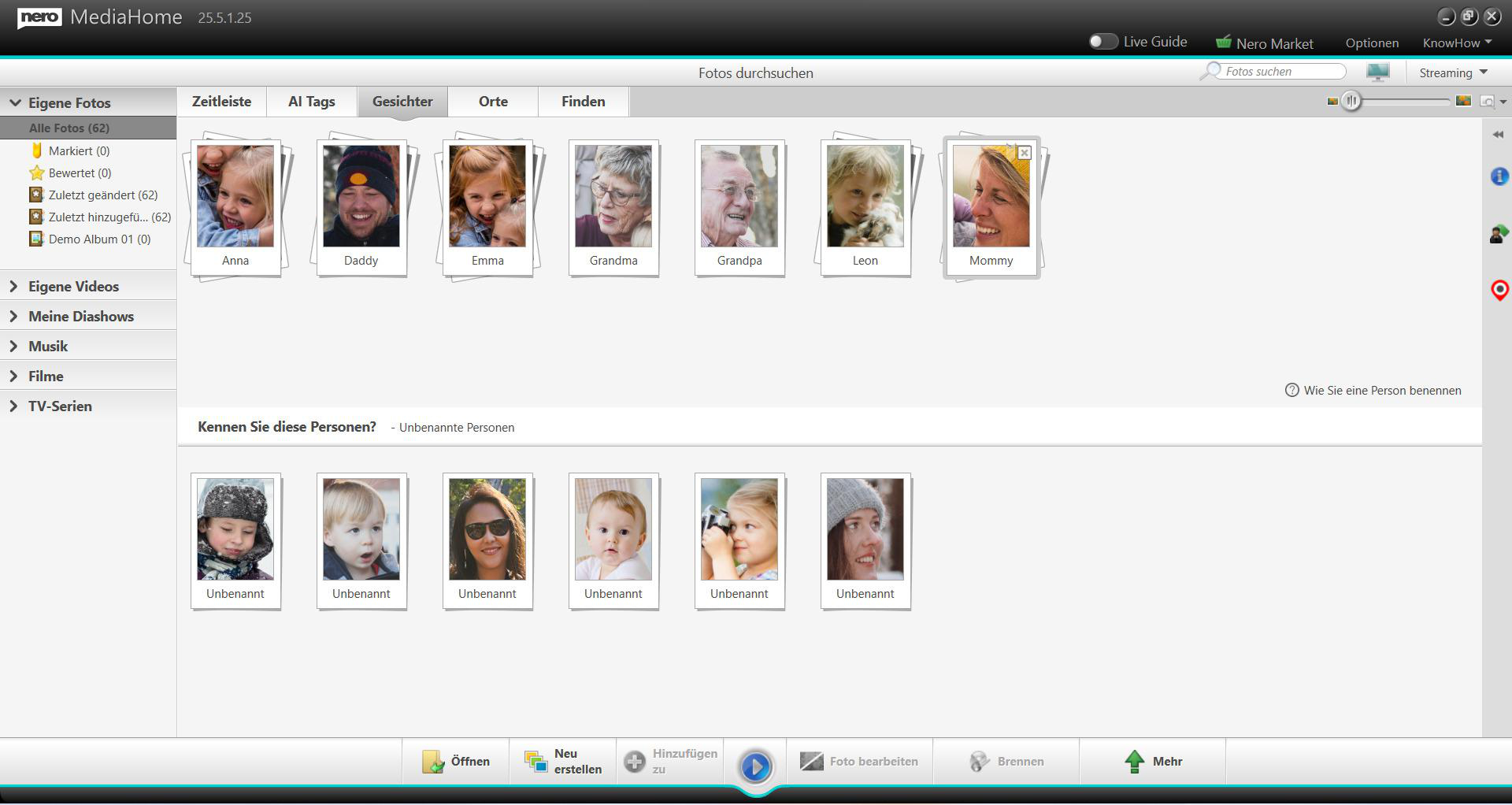 Nero MediaHome Software mit Foto-Vorschauen und Navigationsleiste.