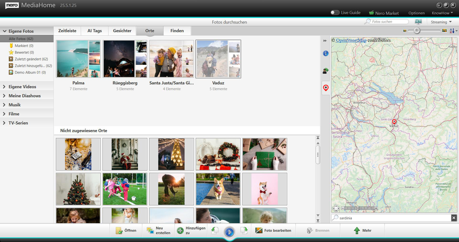 Bildschirmfoto der Nero MediaHome Software mit Fotos und einer Karte von Sardinien.