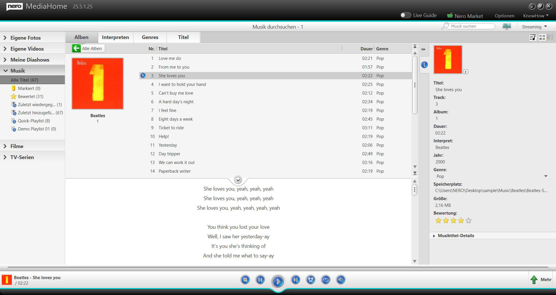 Musikplayer-Oberfläche mit Songliste und Albumcover von den Beatles.
