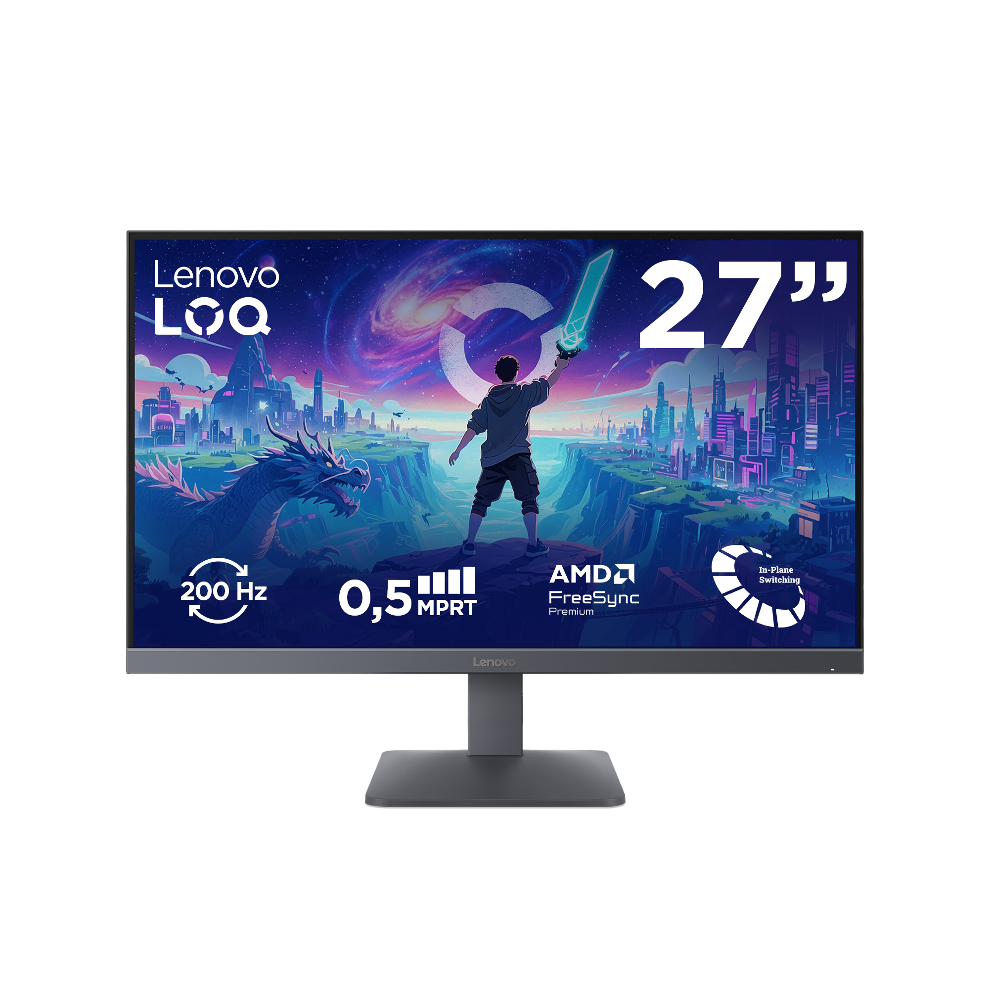 Ein 27-Zoll-Lenovo-Gaming-Monitor mit buntem Hintergrund und Drachenmotiv.