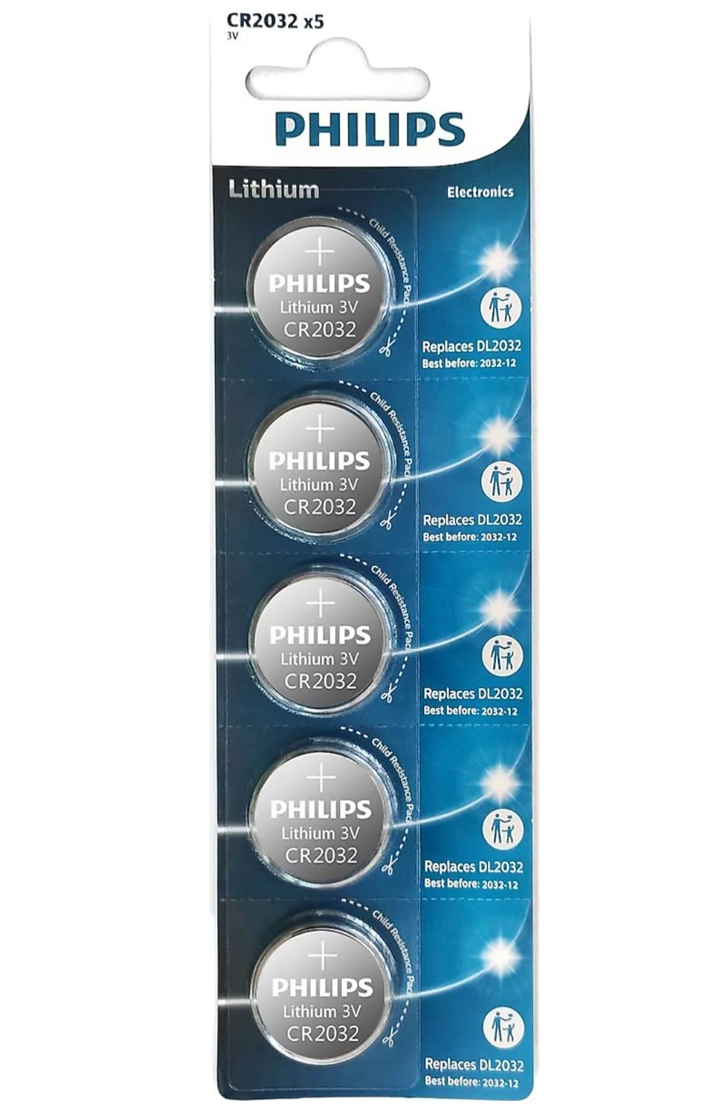 5'li Philips 3V CR2032 lityum düğme pil paketi.