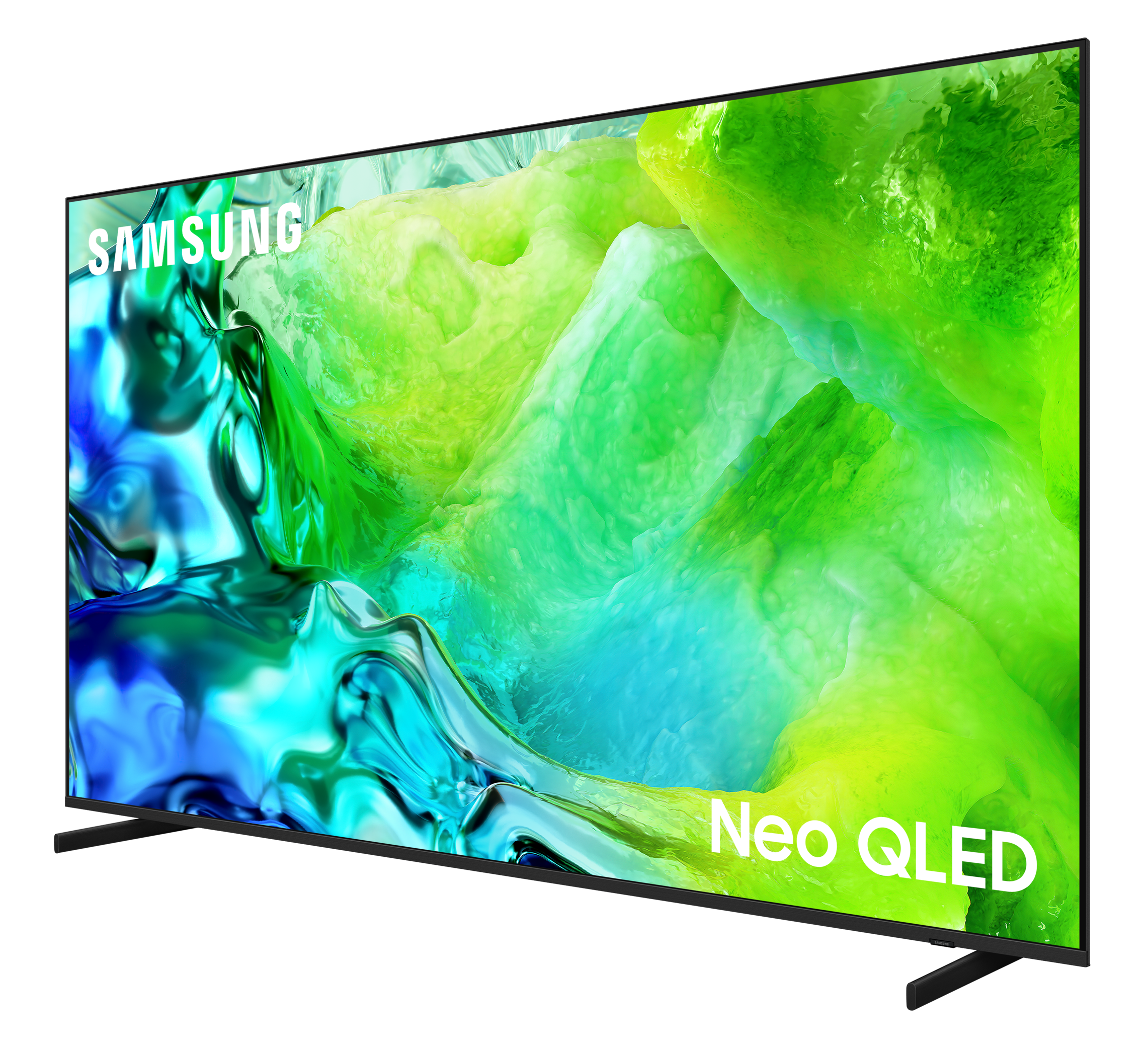 Telewizor Samsung Neo QLED wyświetlający abstrakcyjną, kolorową treść ekranu.