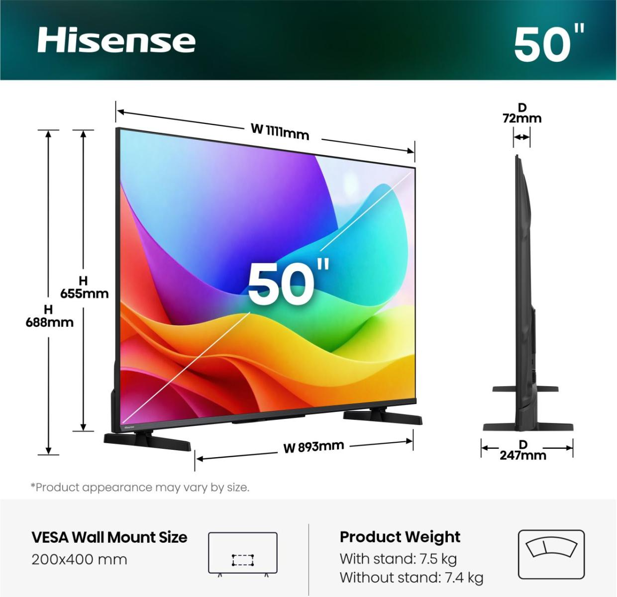 Hisense 50" TV méretekkel: Sz 1111mm, Ma 688mm, Mé 72mm. Állvány Sz 893mm, Mé 247mm.