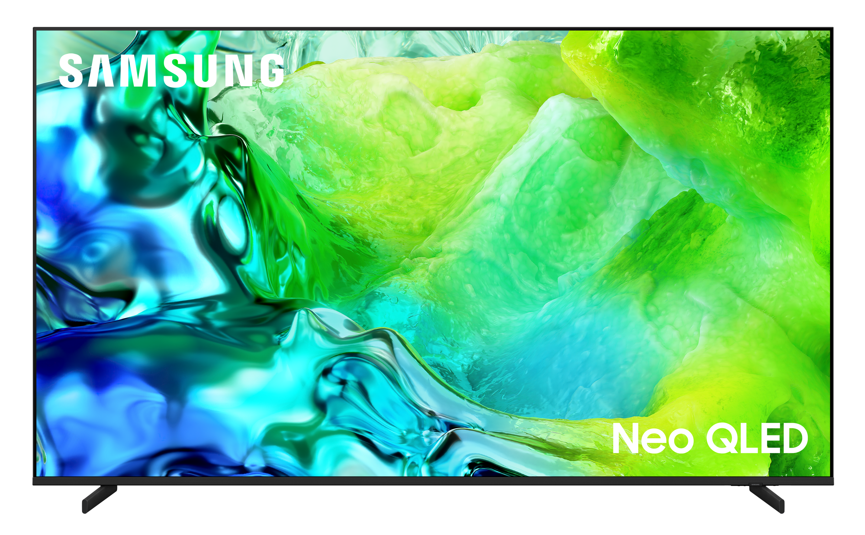 Telewizor Samsung Neo QLED z niebiesko-zielonym płynnym ekranem.