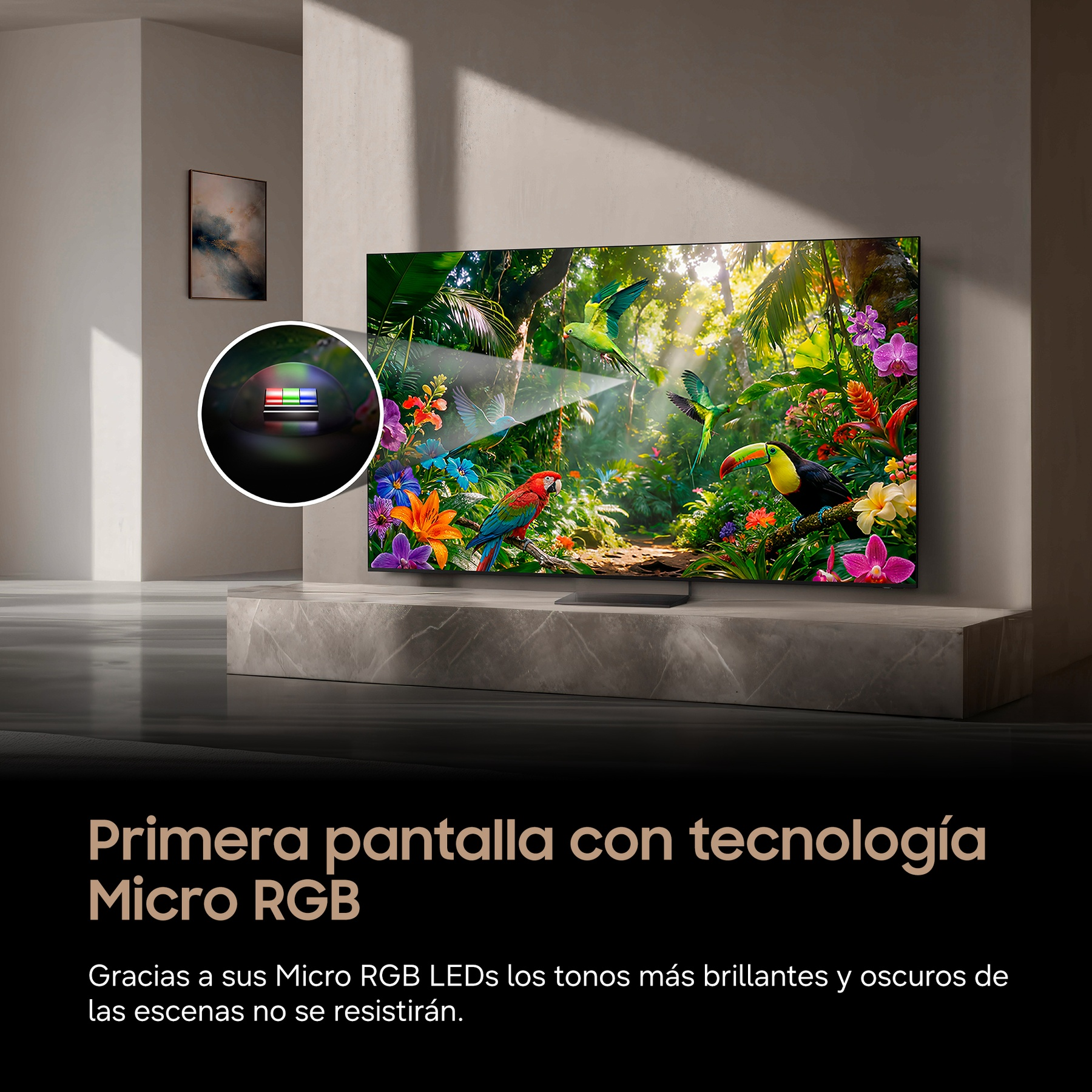 Un televisor muestra una escena selvática con loros y un tucán. Al lado, una lupa con colores RGB.