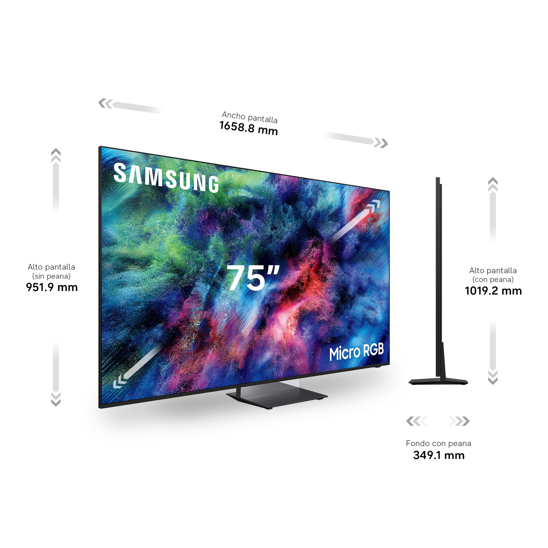 TV Samsung 75" Micro RGB con dimensiones detalladas.