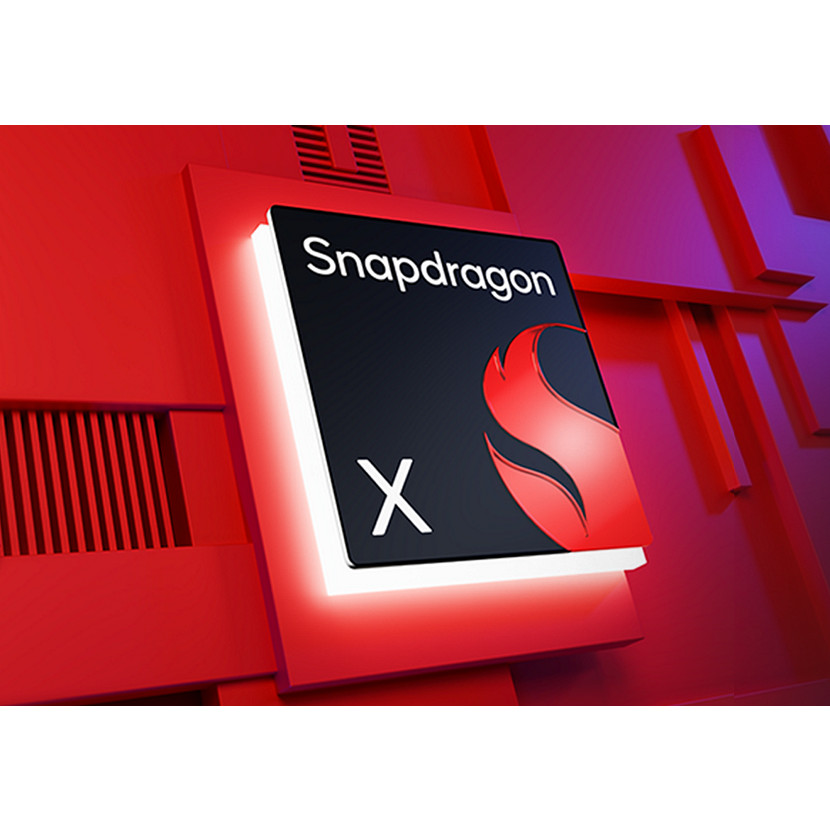 Snapdragon X Logo auf rotem Hintergrund mit Lichtern.