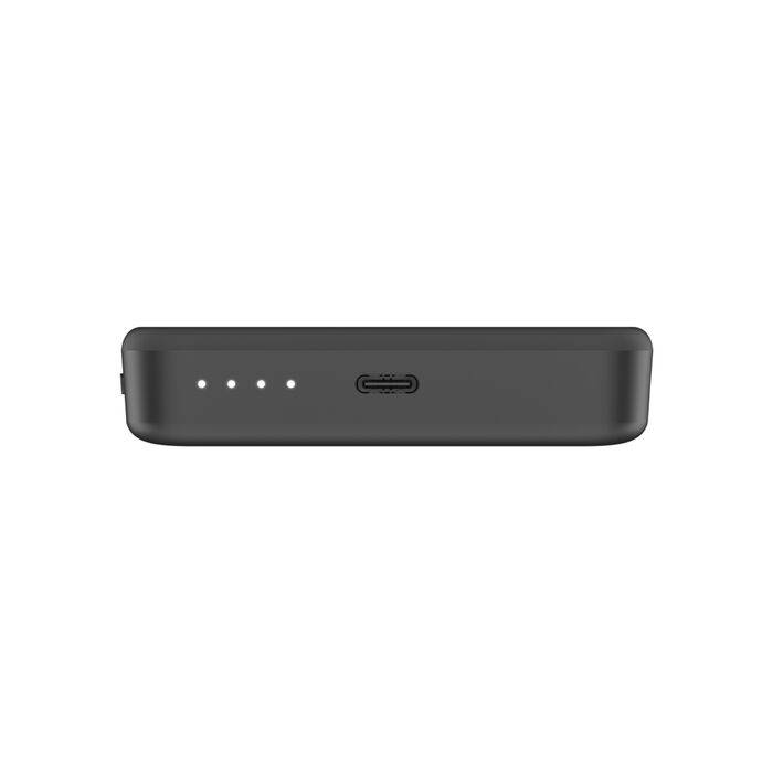 Batería externa negra con puerto USB-C y cuatro luces indicadoras.