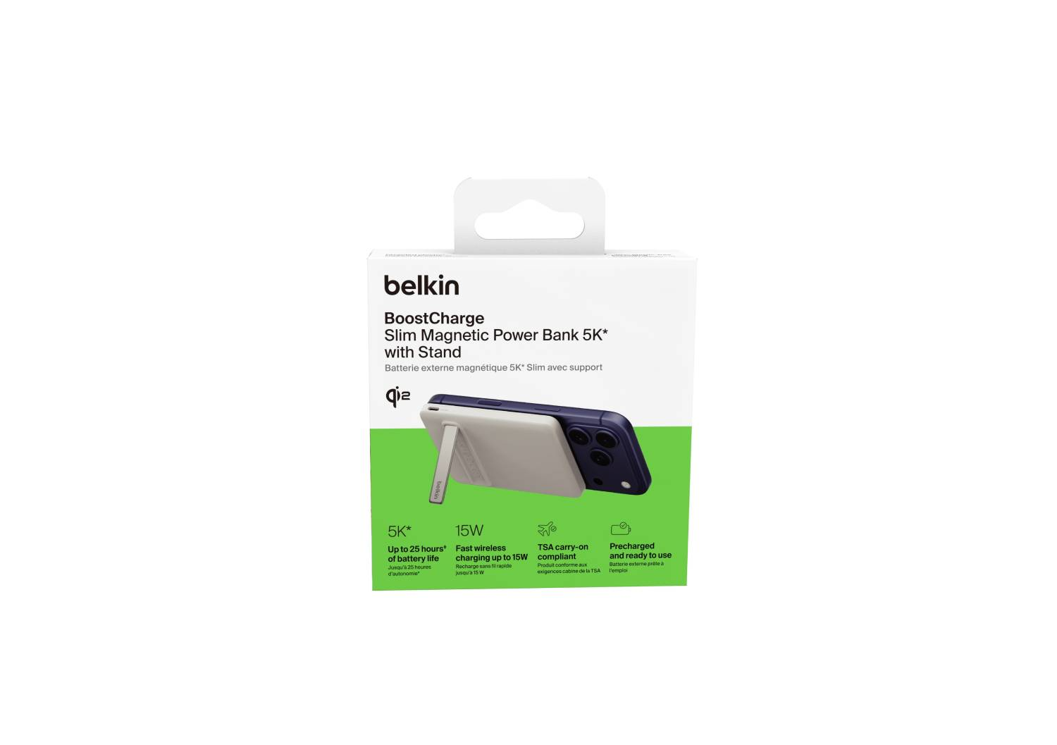 Powerbank Belkin 5K con soporte, cargando un smartphone inalámbricamente.