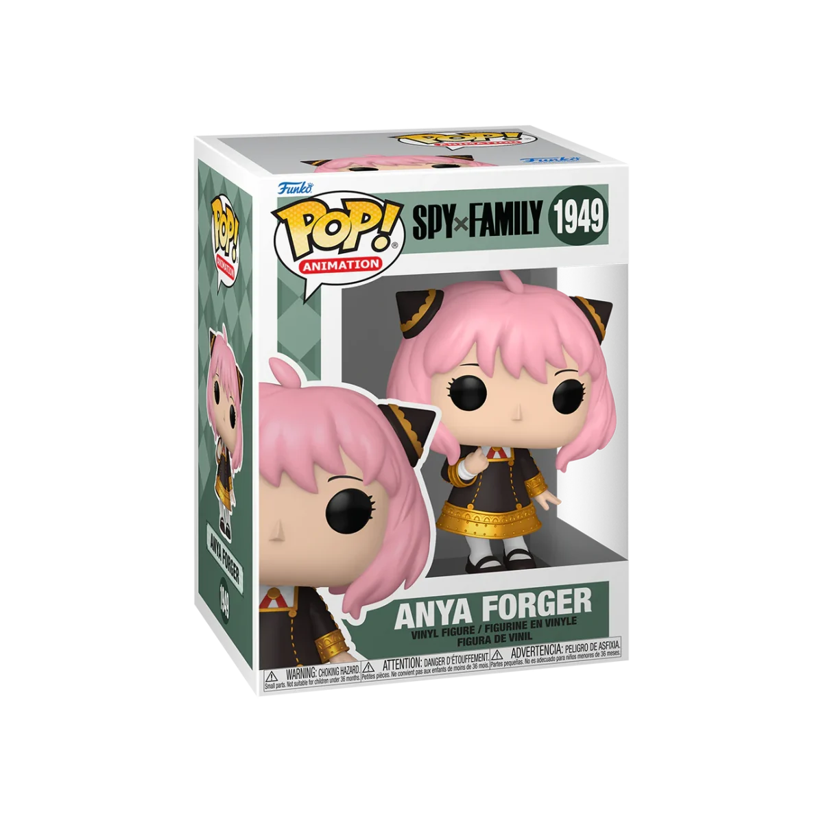Figura Funko Pop! Anya Forger de Spy x Family en caja. Pelo rosa, vestido negro.