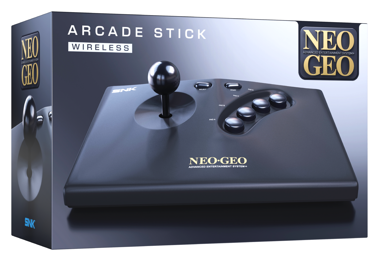 Palanca de mando arcade Neo Geo negra con joystick de bola y botones sobre fondo oscuro.