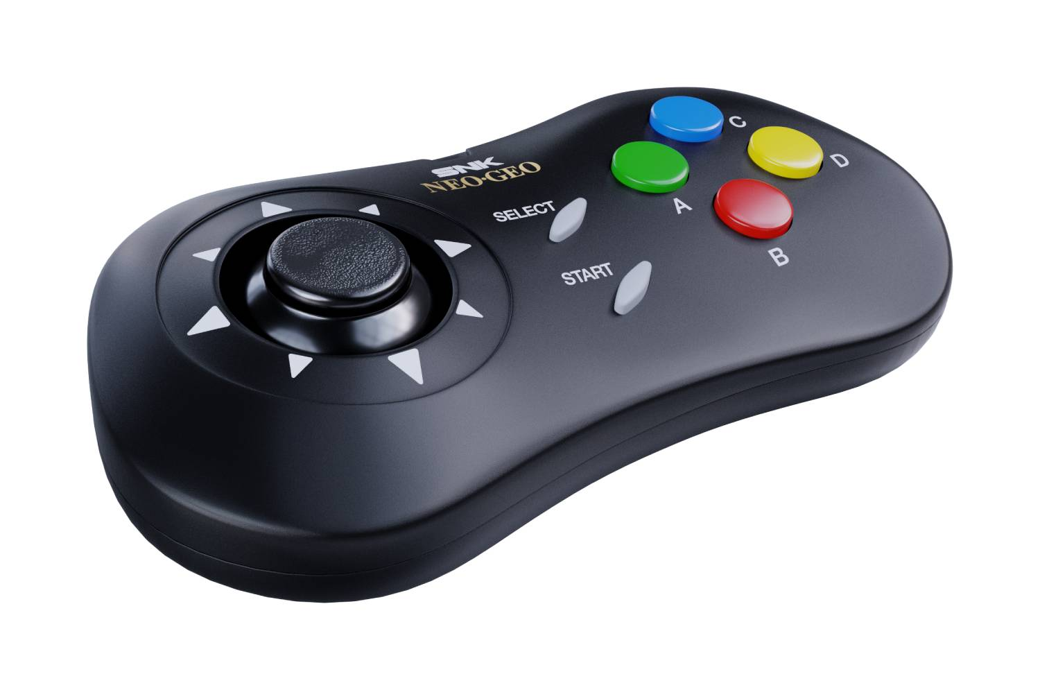 Controlador negro SNK Neo-Geo con joystick, botones start/select y botones coloridos A, B, C, D.