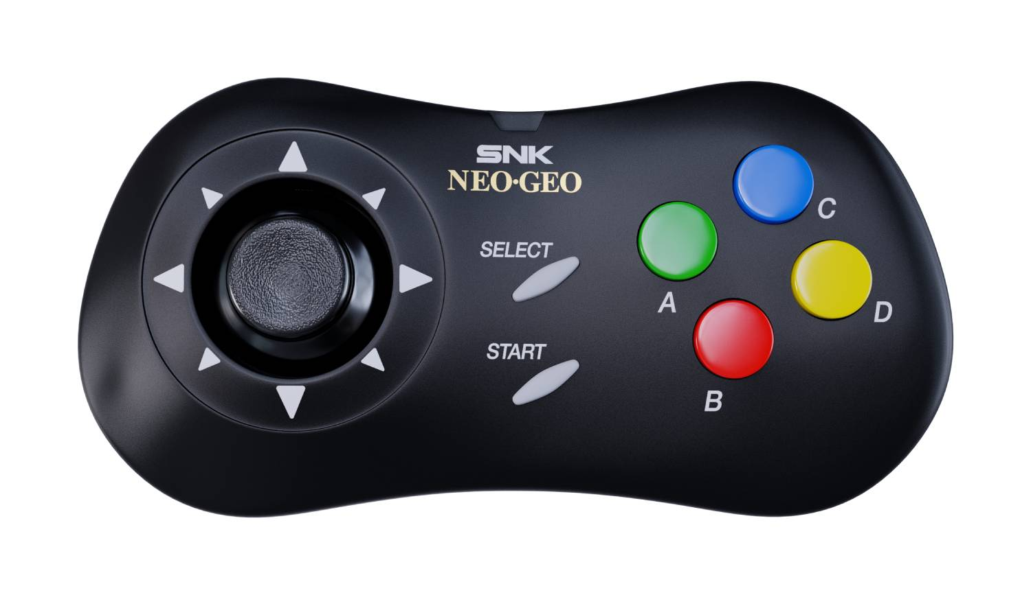 Un mando negro SNK Neo-Geo con joystick, D-pad, select, start y cuatro botones de acción.