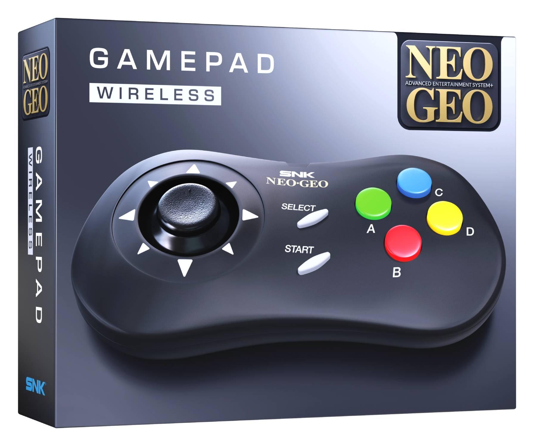 Embalaje de un gamepad inalámbrico Neo Geo negro con cuatro botones de colores.