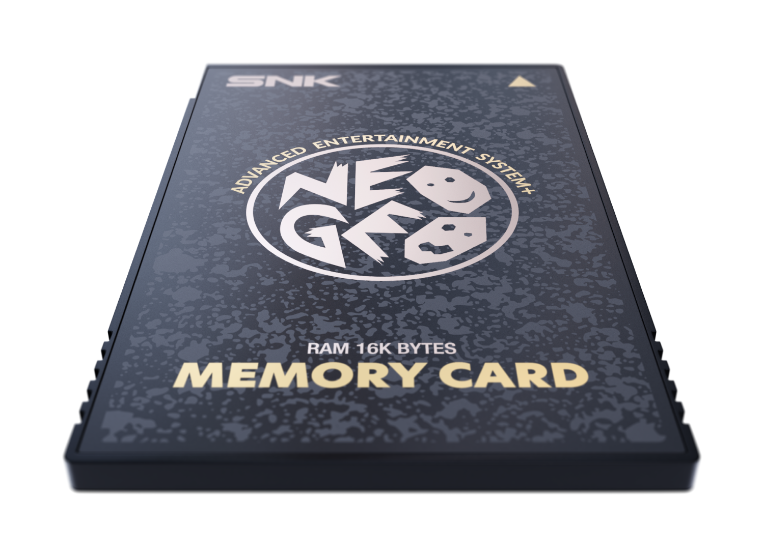 Tarjeta de memoria SNK Neo Geo oscura de 16K RAM, sobre fondo negro.