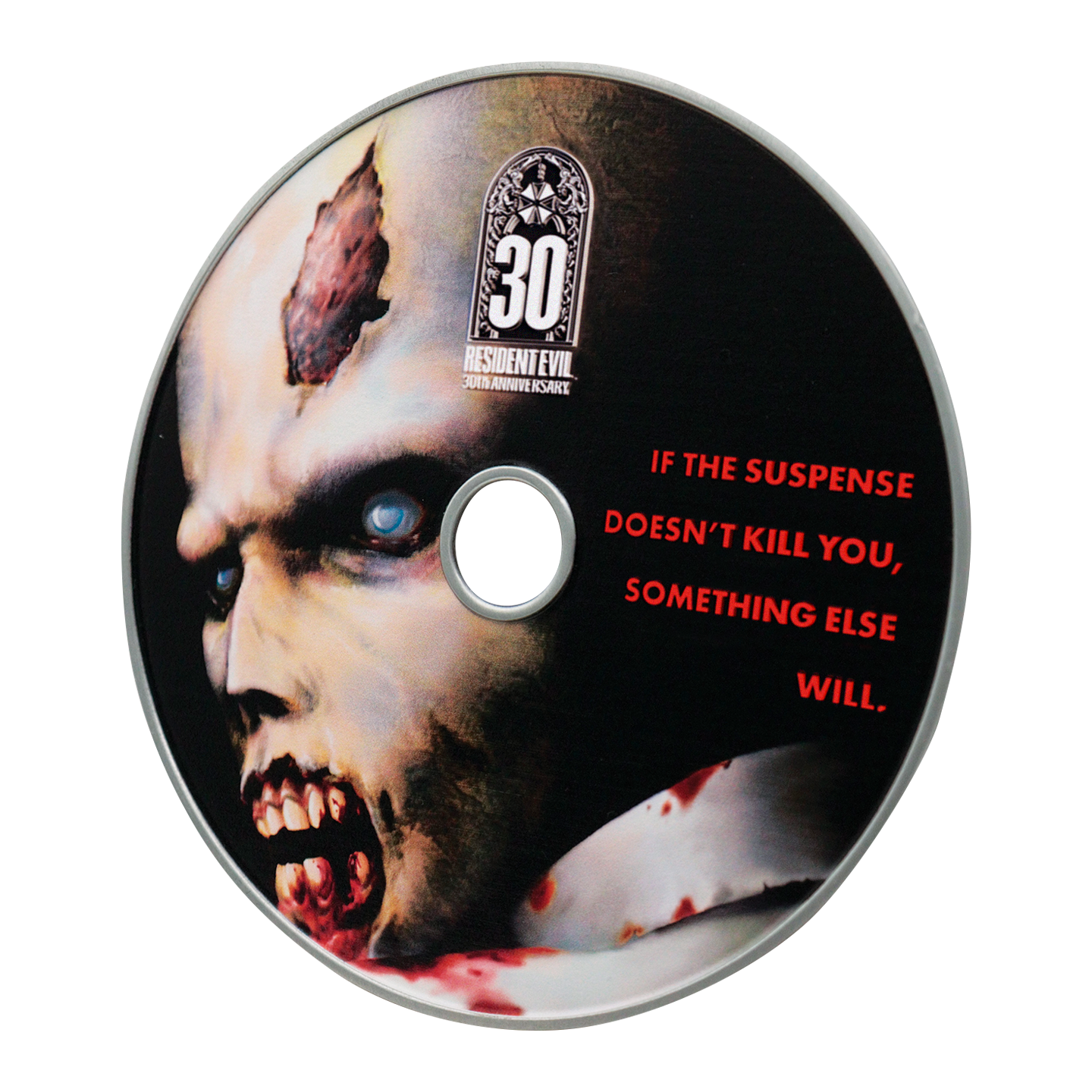 CD 30 Aniversario Resident Evil con imagen de zombi y texto.