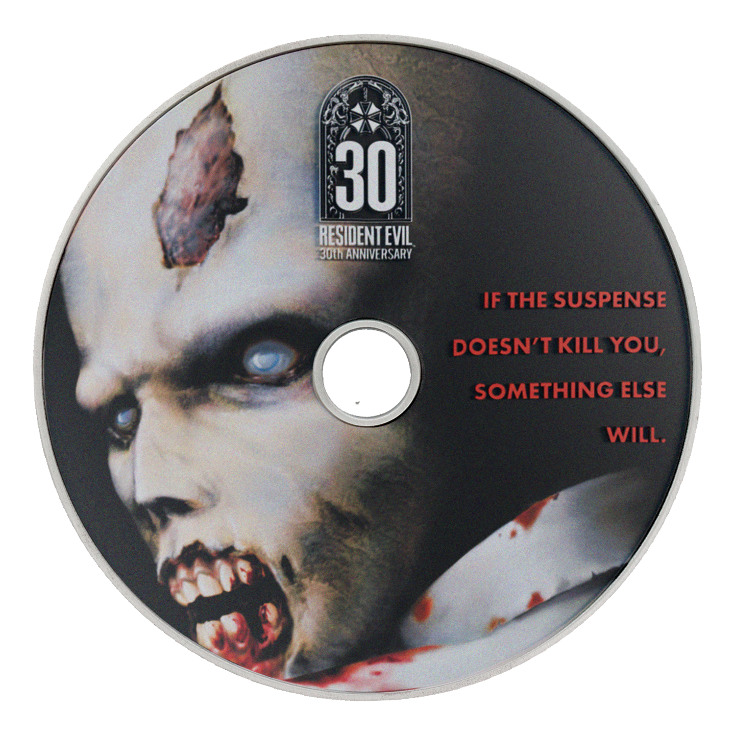 Portada de CD con cara de zombi, 'Resident Evil 30th Anniversary' y cita.