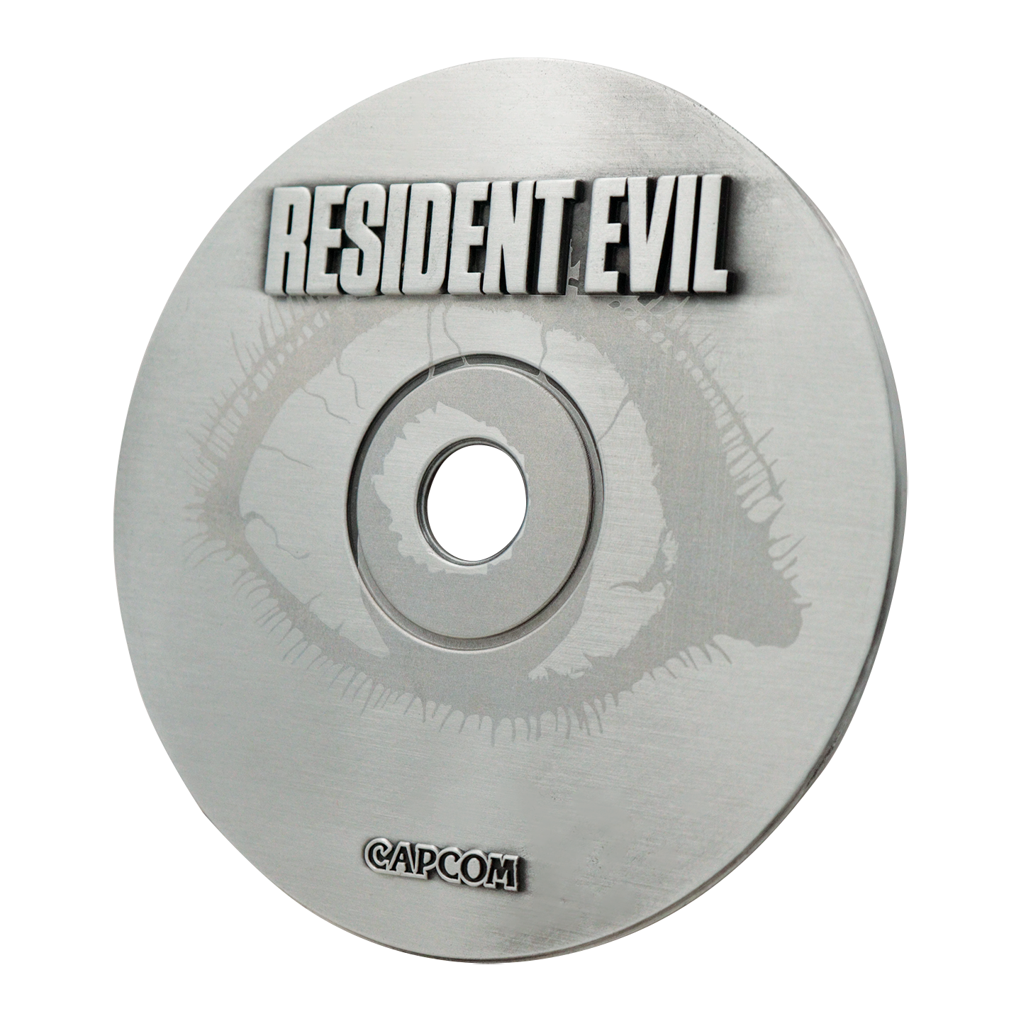 Un CD plateado con el título "RESIDENT EVIL" y un ojo estilizado.