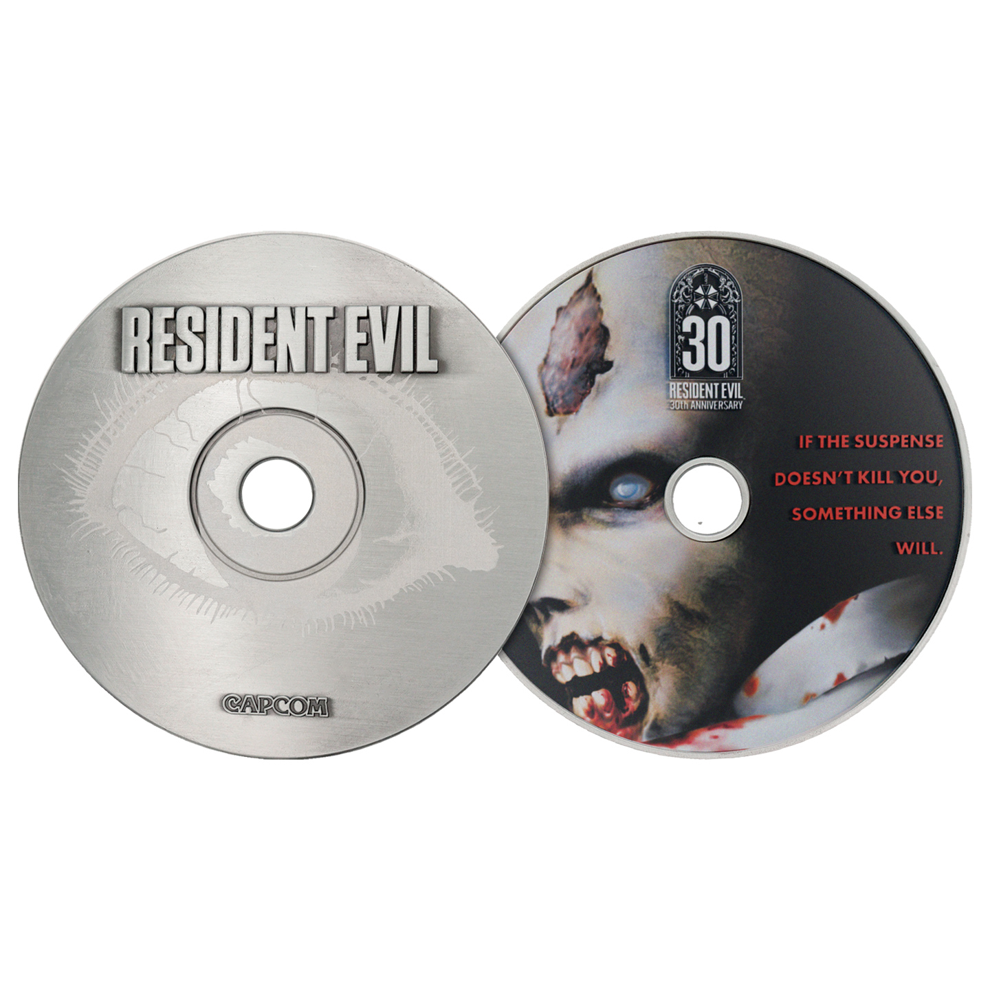 Dos CDs de Resident Evil: Una plateada con logo, otra con zombi y logo 30 aniversario.