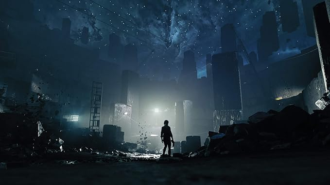 Una persona se alza en una ciudad destruida bajo un cielo nocturno estrellado.