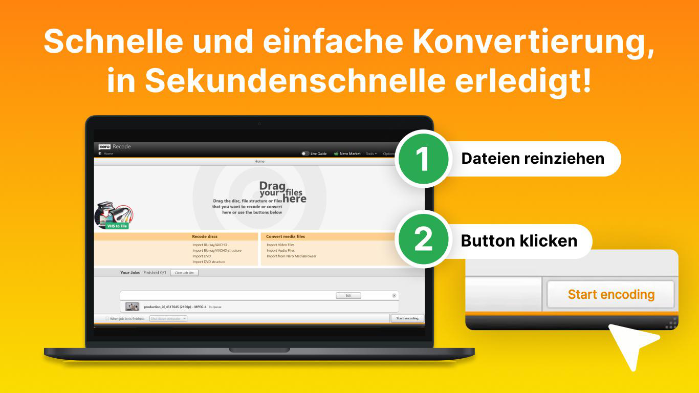 Screenshot einer Software zur Videokonvertierung mit zwei Schritten: Dateien ziehen und Button klicken.