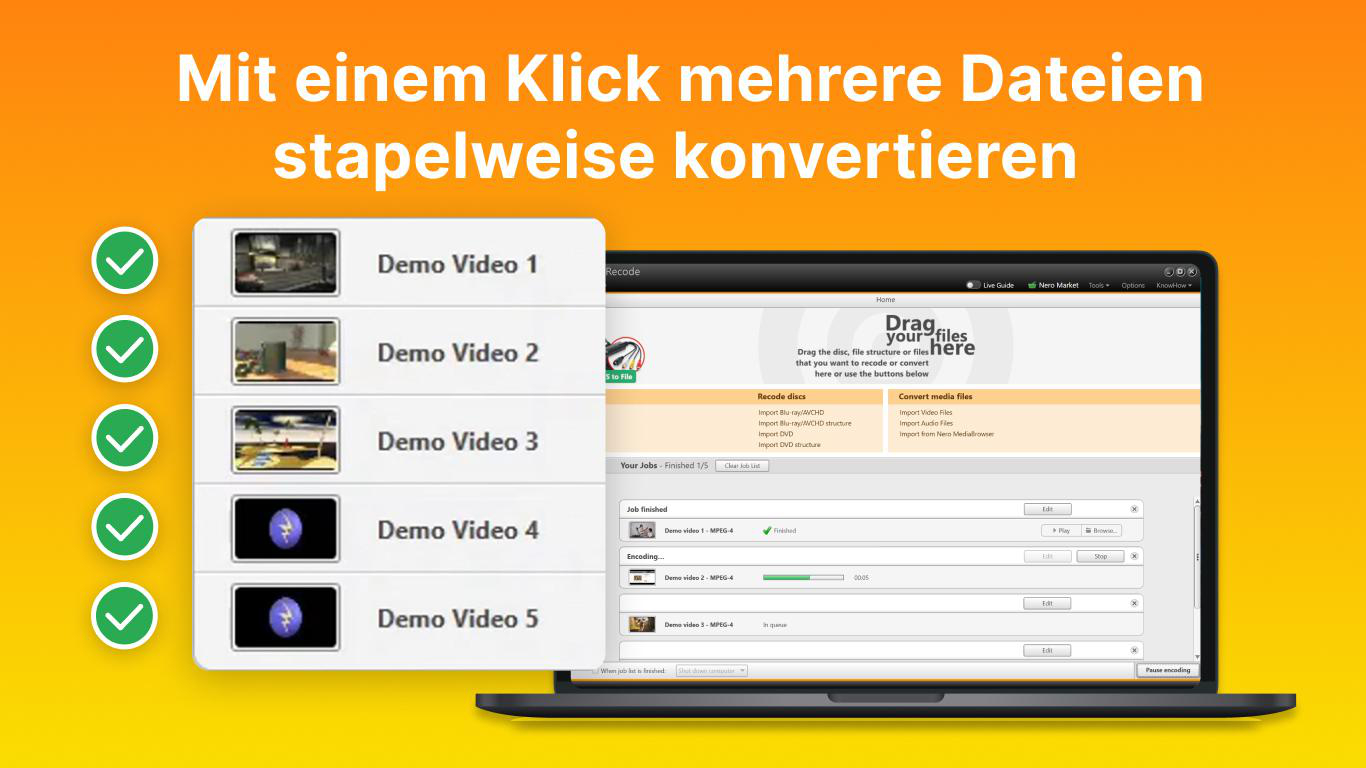 Laptop zeigt Software zur Stapelkonvertierung von Videodateien mit Fortschrittsanzeigen.