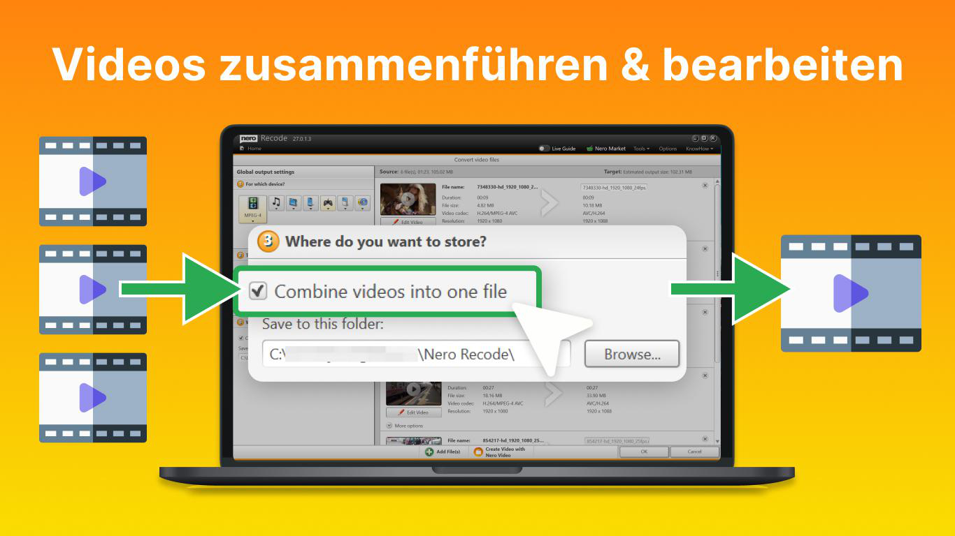 Drei Videosymbole fließen in einen Laptop mit Nero Recode-Software, die Videos zusammenführt.