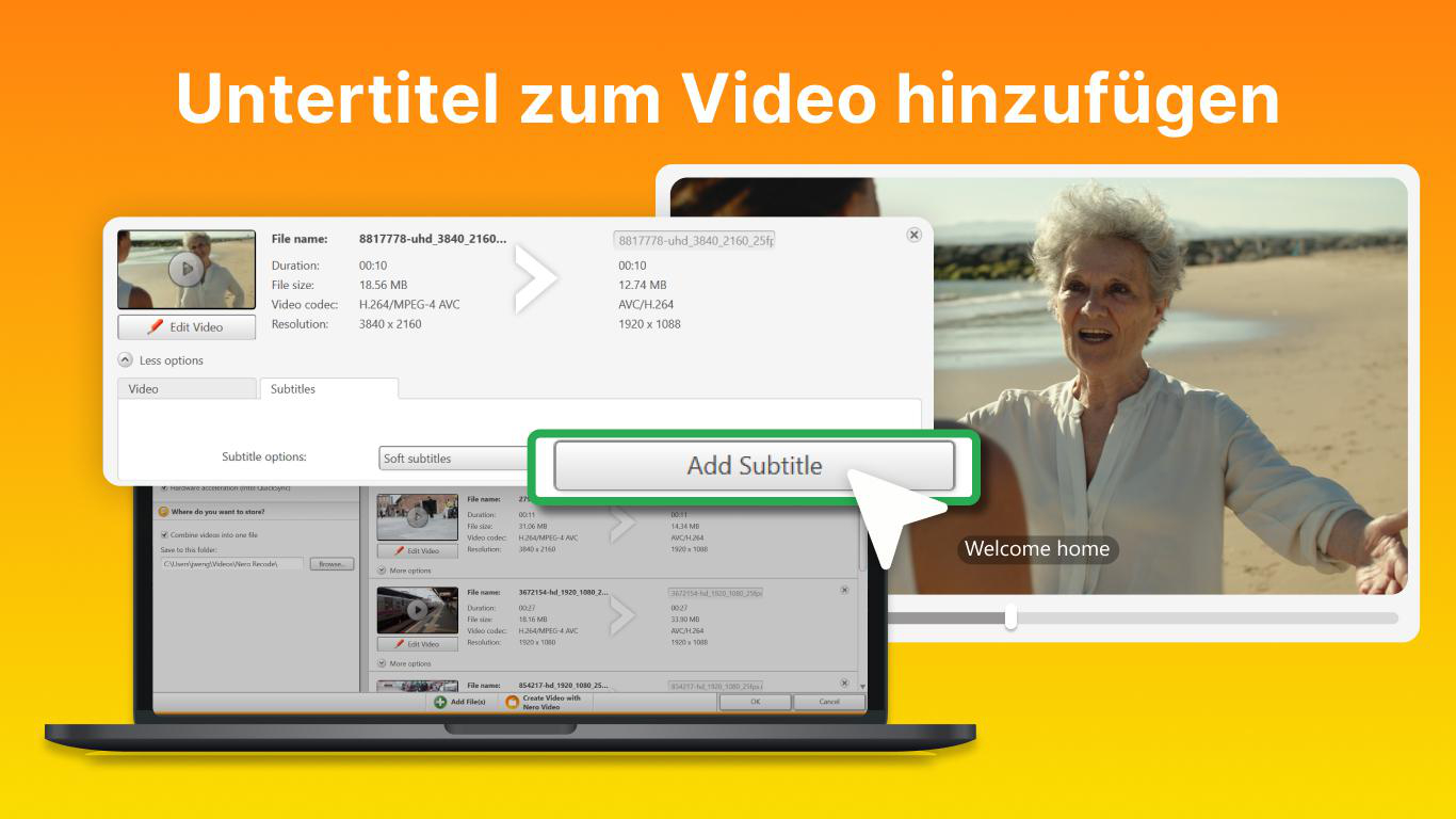Ein Fenster mit "Untertitel zum Video hinzufügen" und einer Schaltfläche "Untertitel hinzufügen".