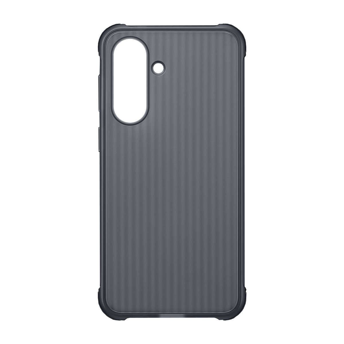 Dikey oluklu, koyu gri telefon kılıfı ve kamera kesiği.