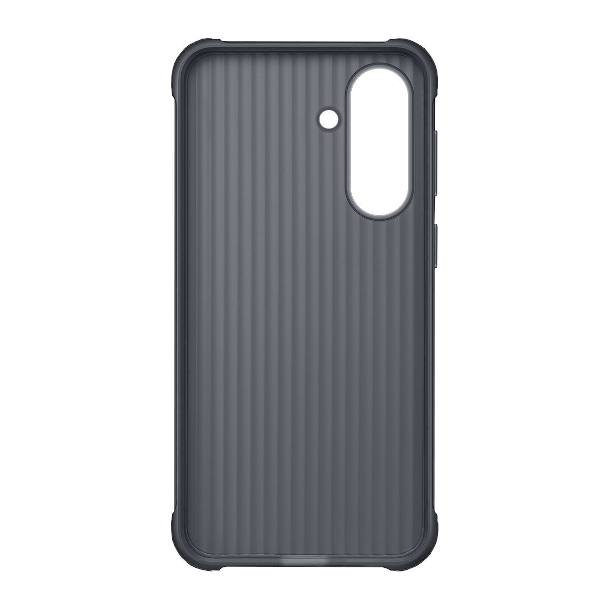 Dikey oluklu, koyu gri telefon kılıfı ve kamera kesiği.
